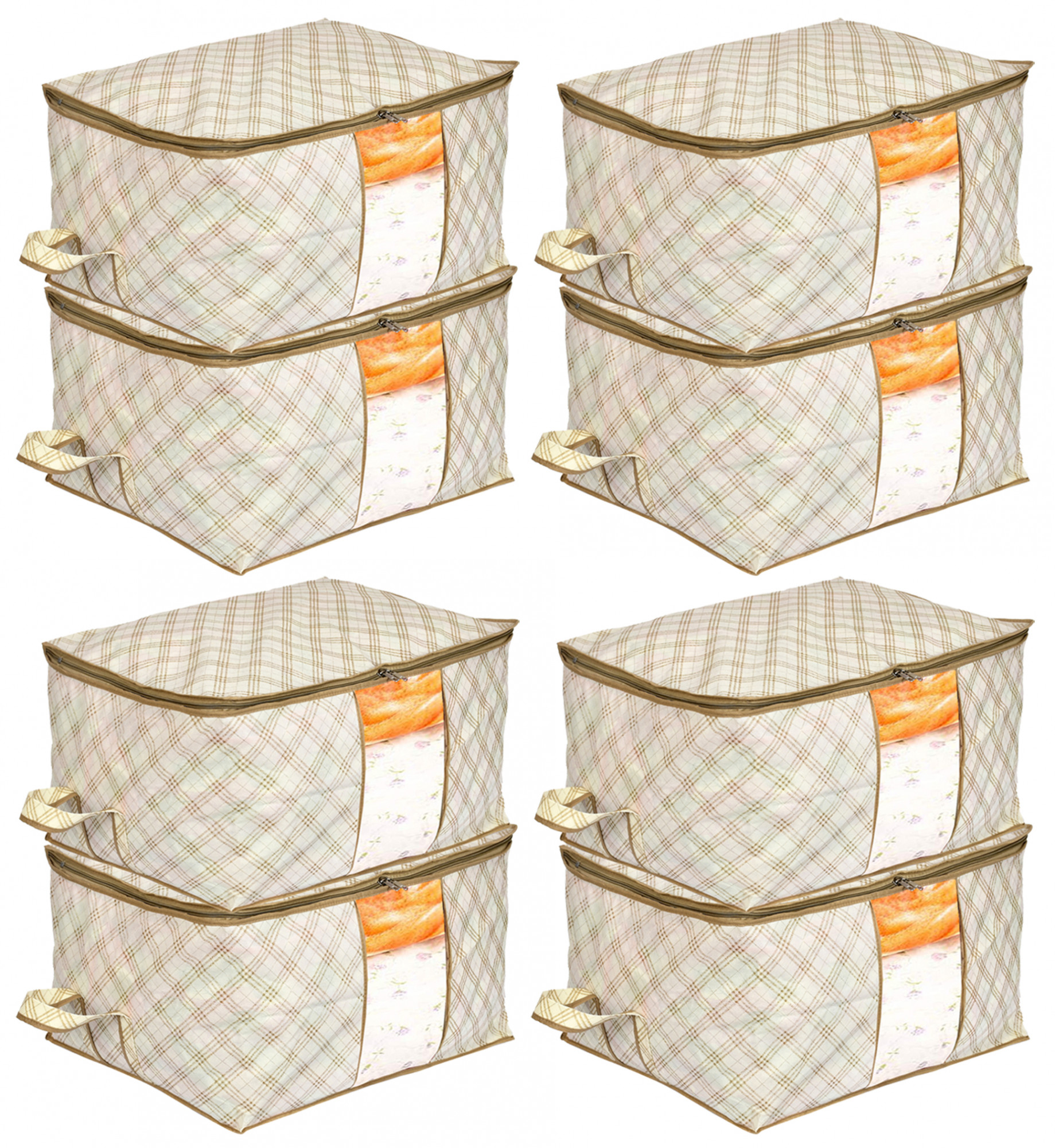 Kuber Industries Metalic Checkered Print Non Woven Underbed Storage Bag,Cloth Organiser,Blanket Cover with Transparent Window (Ivory)-34_S_KUBMART16581