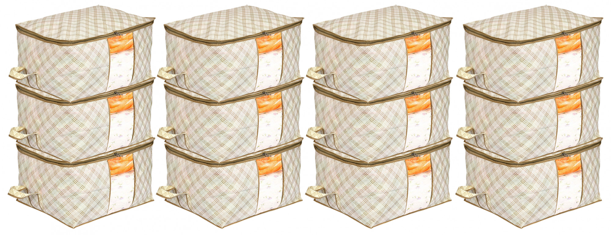 Kuber Industries Metalic Checkered Print Non Woven Underbed Storage Bag,Cloth Organiser,Blanket Cover with Transparent Window (Ivory)-34_S_KUBMART16581