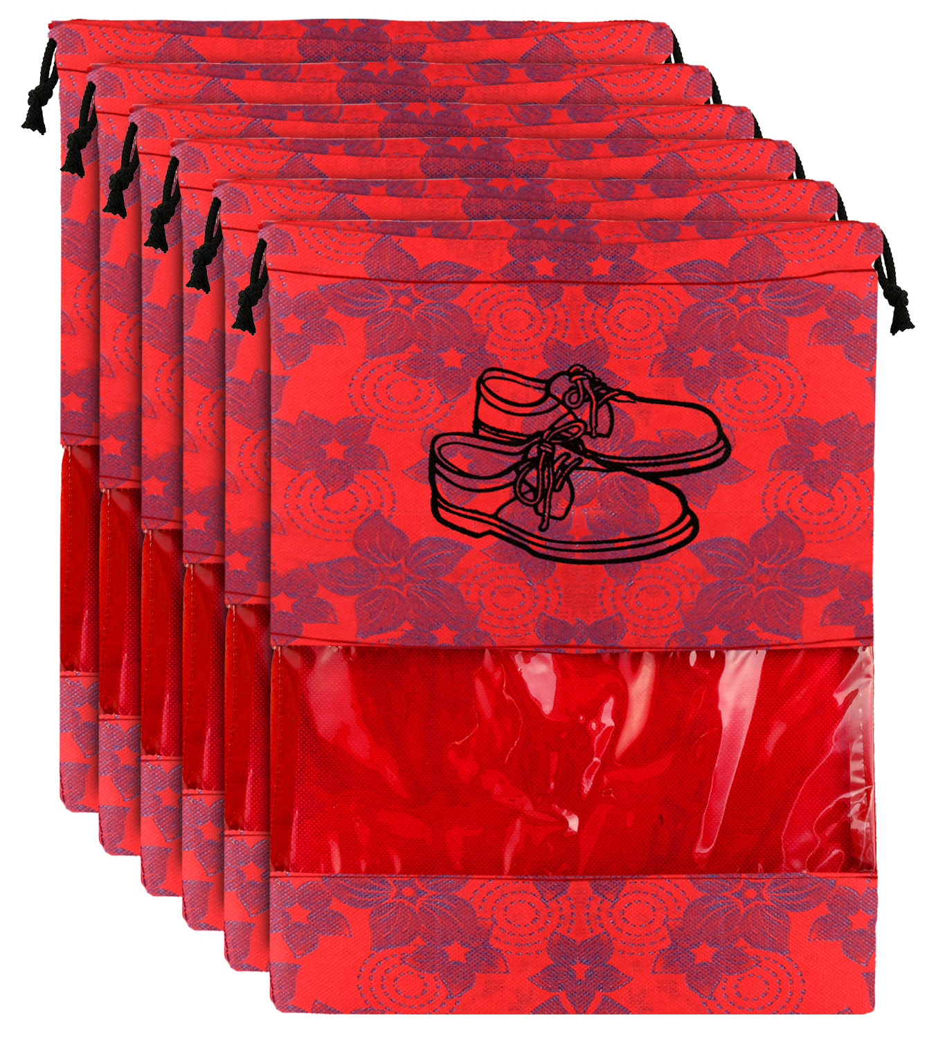 Kuber Industries Metalic Floral Design Non Woven Travel Shoe Organizer Space Saving Fabric Storage Bags Organizer, Red-KUBMART1056