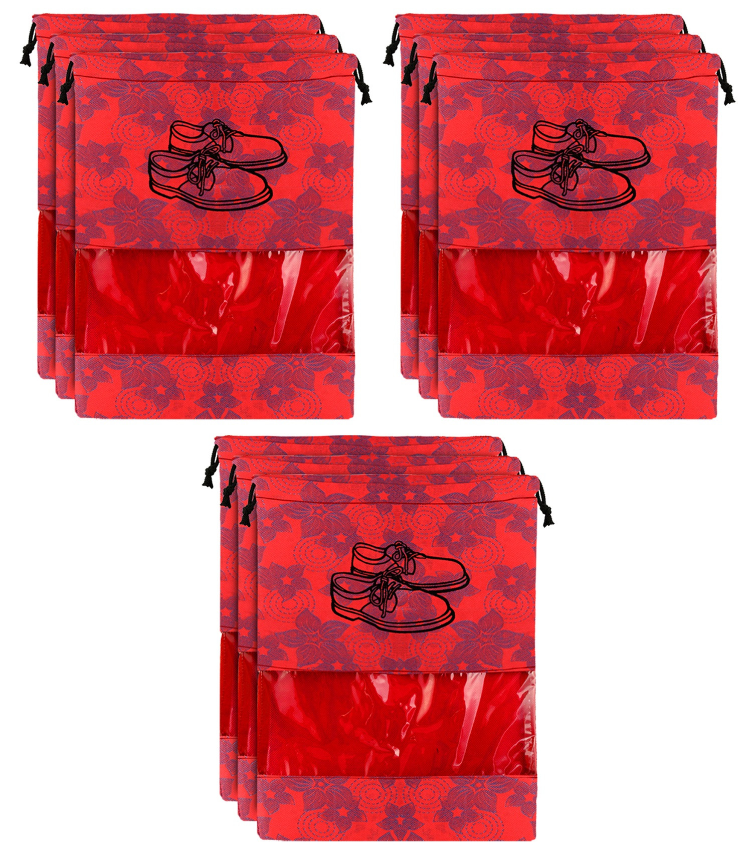 Kuber Industries Metalic Floral Design Non Woven Travel Shoe Organizer Space Saving Fabric Storage Bags Organizer, Red-KUBMART1056