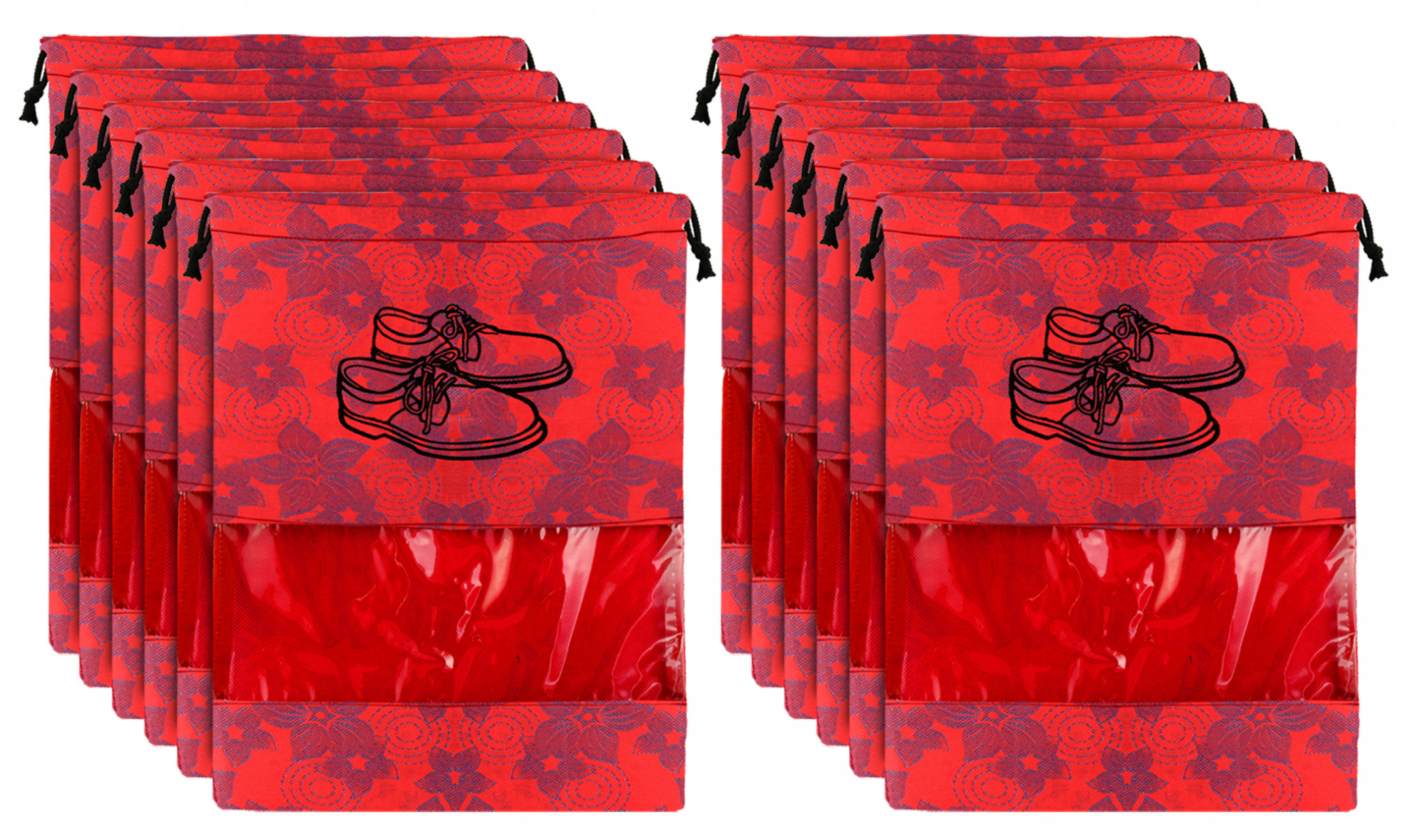 Kuber Industries Metalic Floral Design Non Woven Travel Shoe Organizer Space Saving Fabric Storage Bags Organizer, Red-KUBMART1056