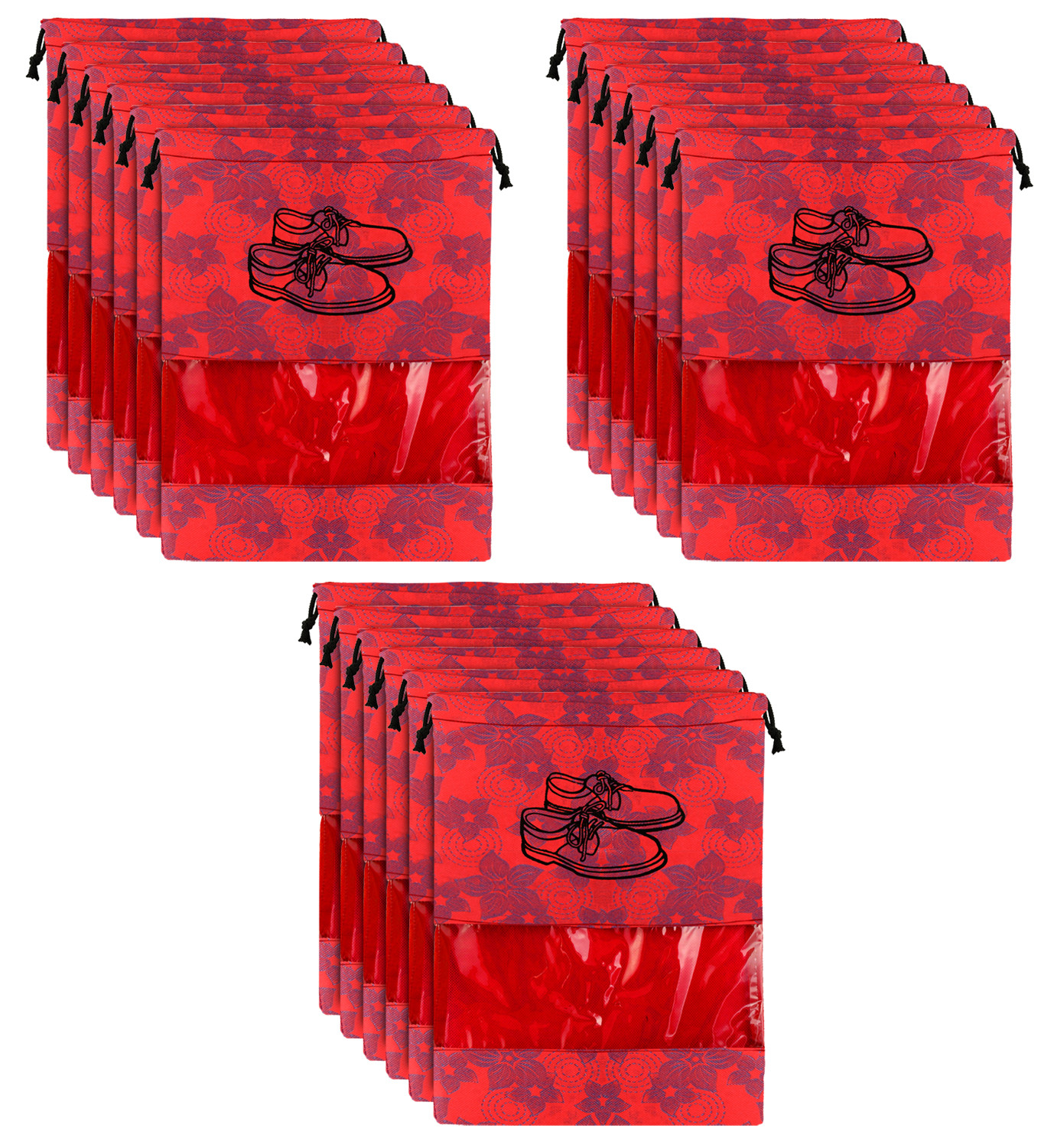 Kuber Industries Metalic Floral Design Non Woven Travel Shoe Organizer Space Saving Fabric Storage Bags Organizer, Red-KUBMART1056