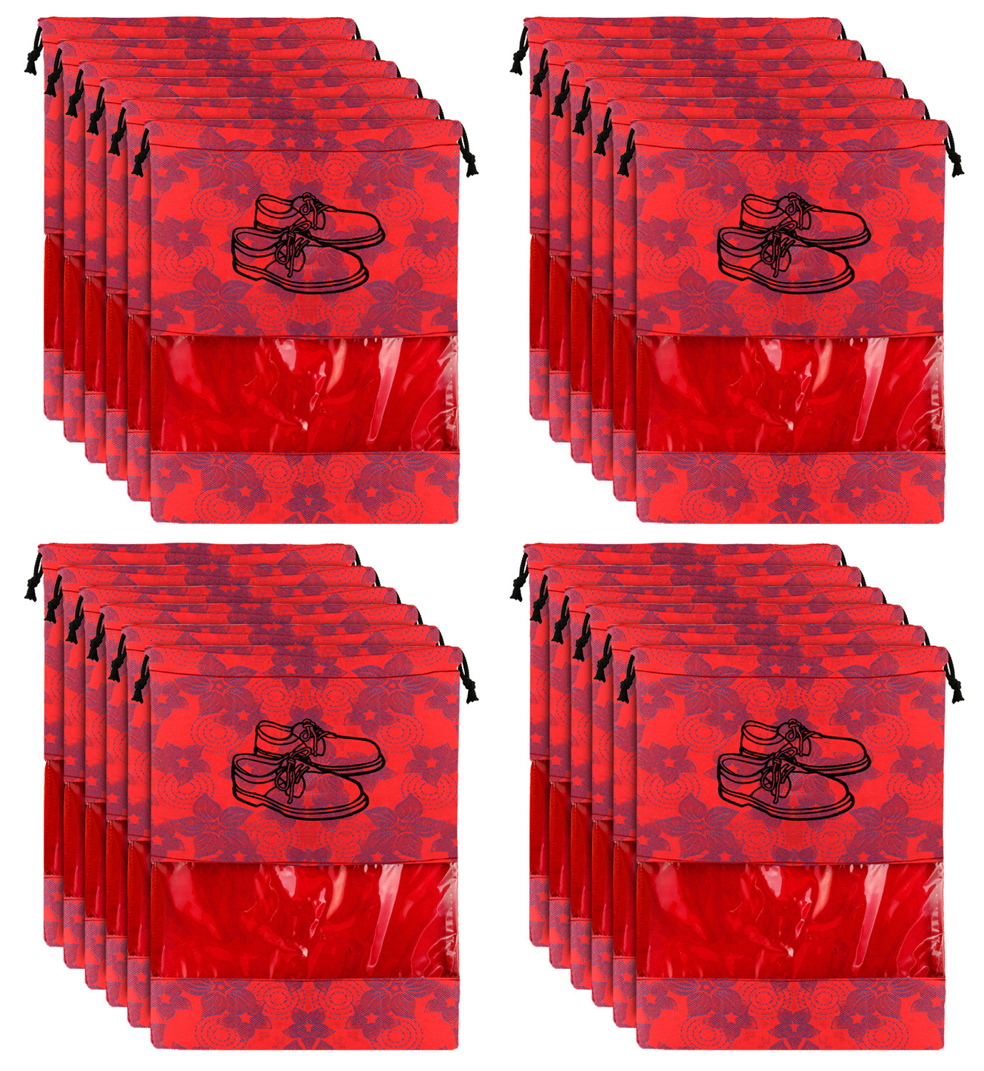 Kuber Industries Metalic Floral Design Non Woven Travel Shoe Organizer Space Saving Fabric Storage Bags Organizer, Red-KUBMART1056