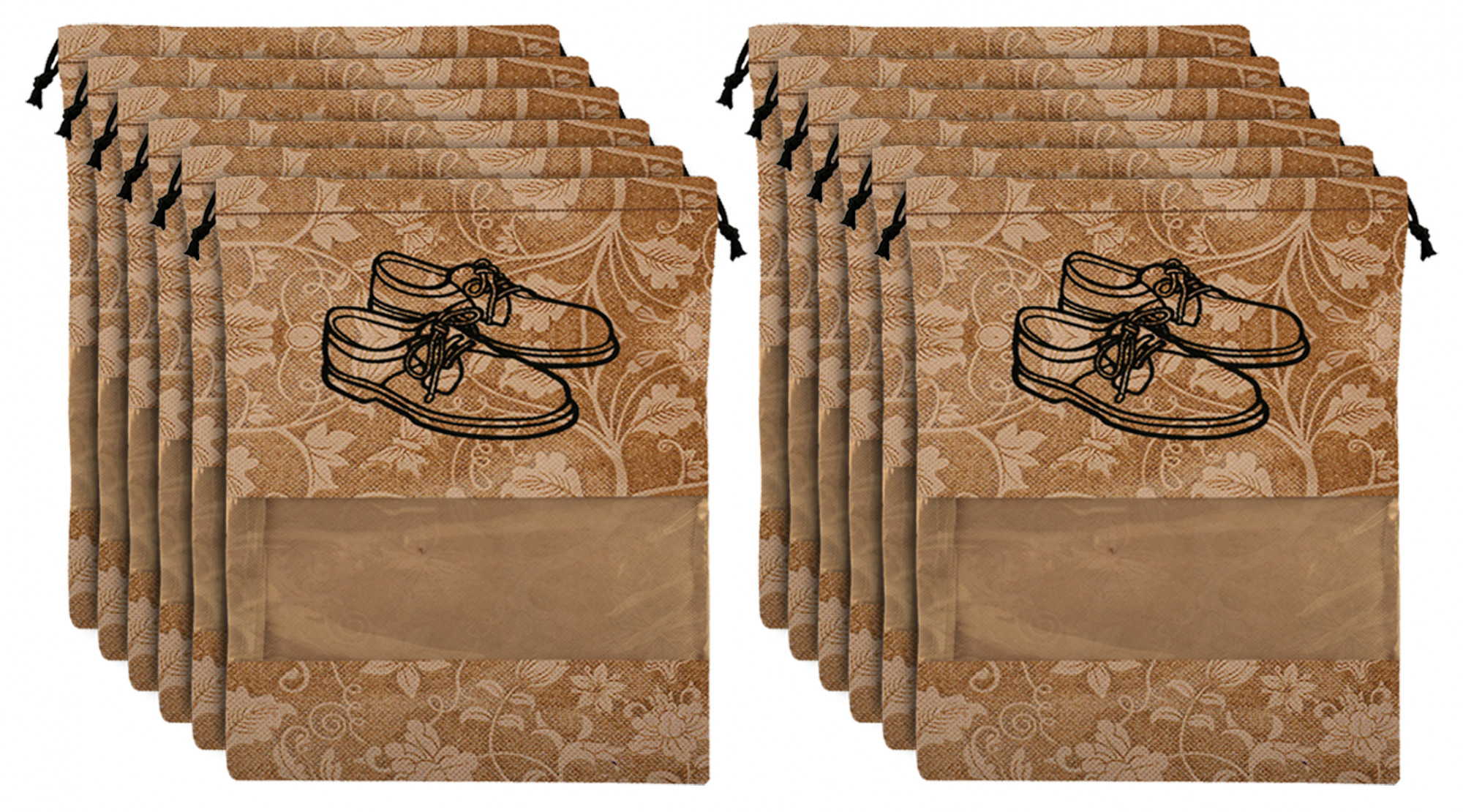 Kuber Industries Metalic Floral Design Non Woven Travel Shoe Organizer Space Saving Fabric Storage Bags Organizer, Beige-KUBMART1066
