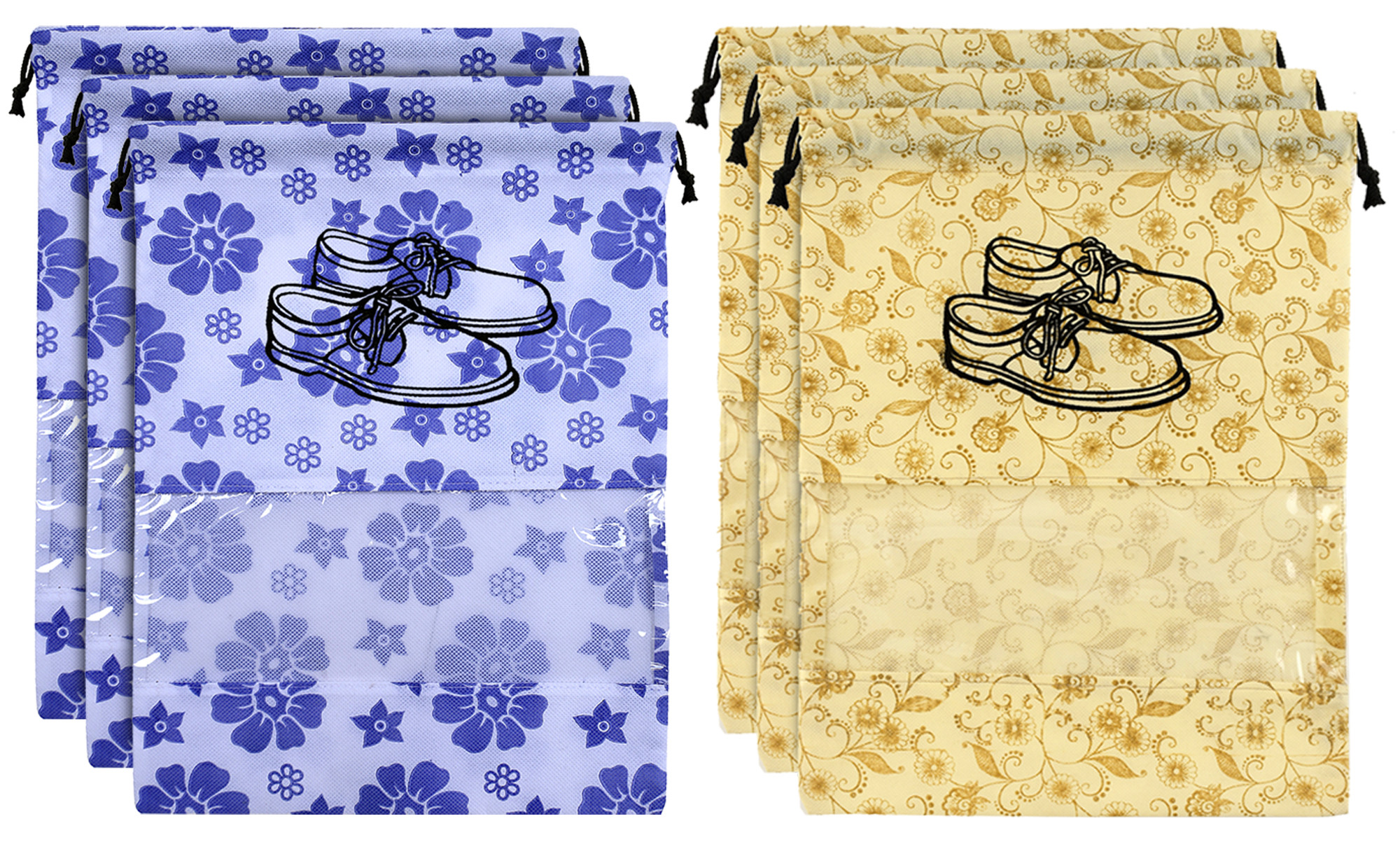 Kuber Industries Metalic Floral Design Non Woven Travel Shoe Organizer Space Saving Fabric Storage Bags Organizer, Royal Blue & Brown-KUBMART1076