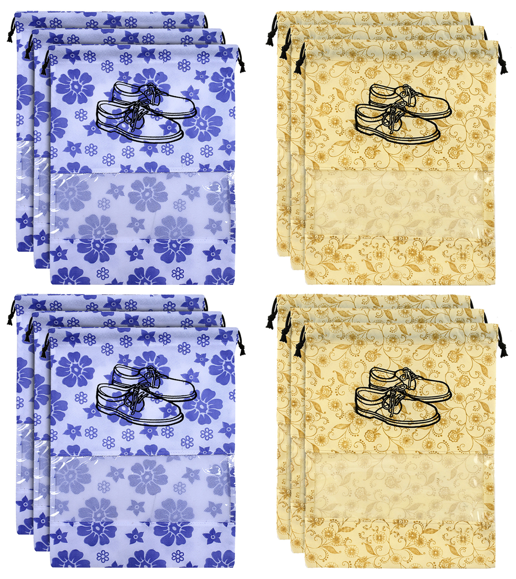 Kuber Industries Metalic Floral Design Non Woven Travel Shoe Organizer Space Saving Fabric Storage Bags Organizer, Royal Blue & Brown-KUBMART1076