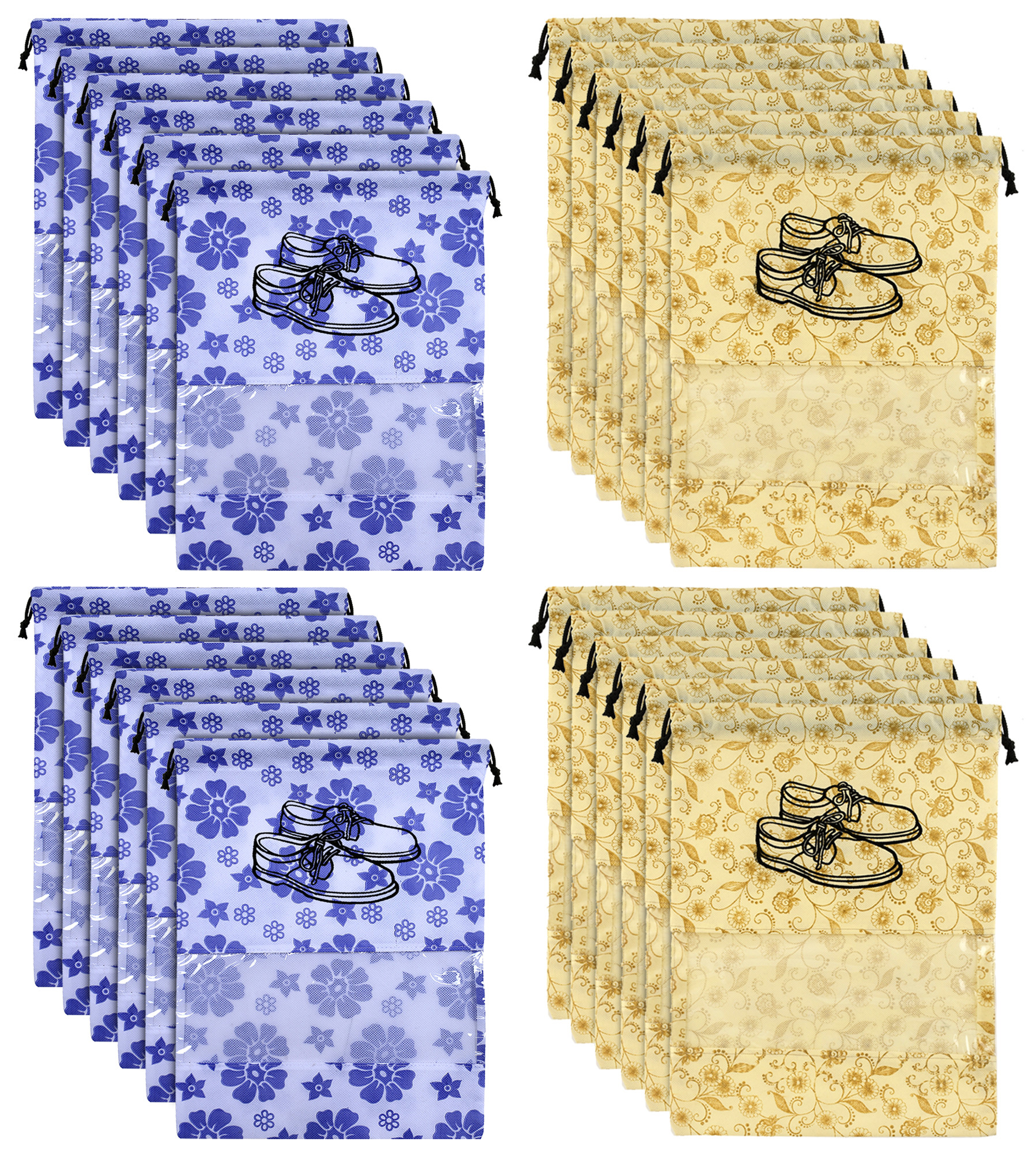 Kuber Industries Metalic Floral Design Non Woven Travel Shoe Organizer Space Saving Fabric Storage Bags Organizer, Royal Blue & Brown-KUBMART1076