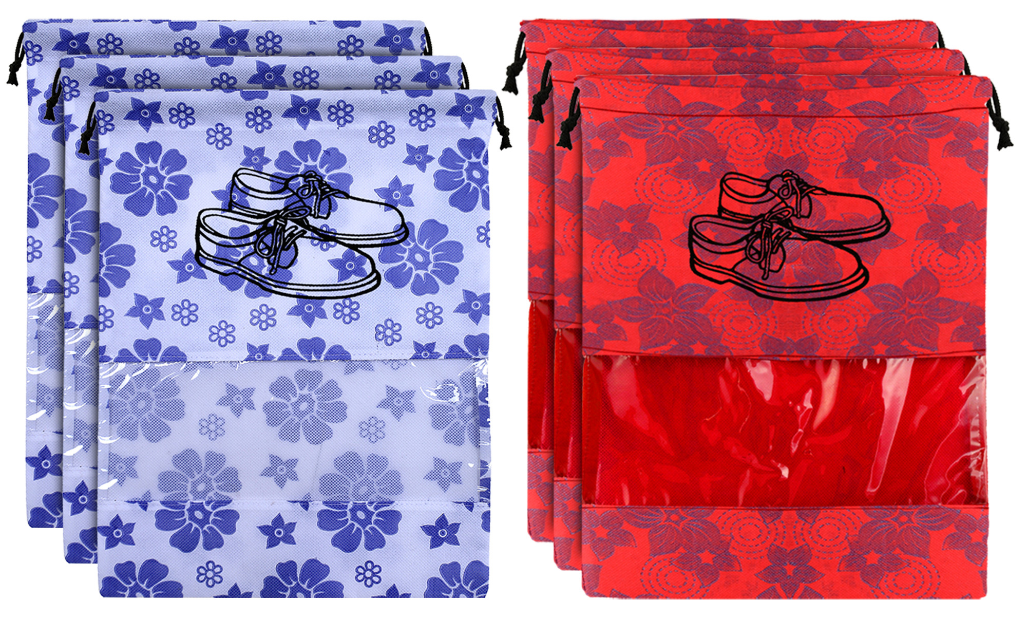 Kuber Industries Metalic Floral Design Non Woven Travel Shoe Organizer Space Saving Fabric Storage Bags Organizer, Royal Blue & Red-KUBMART1078