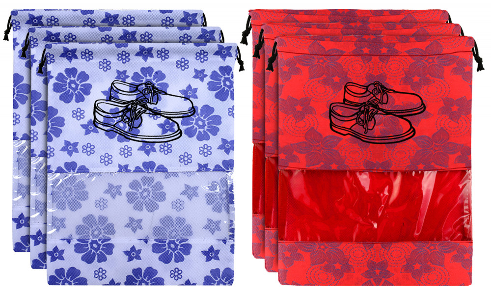 Kuber Industries Metalic Floral Design Non Woven Travel Shoe Organizer Space Saving Fabric Storage Bags Organizer, Royal Blue &amp; Red-KUBMART1078