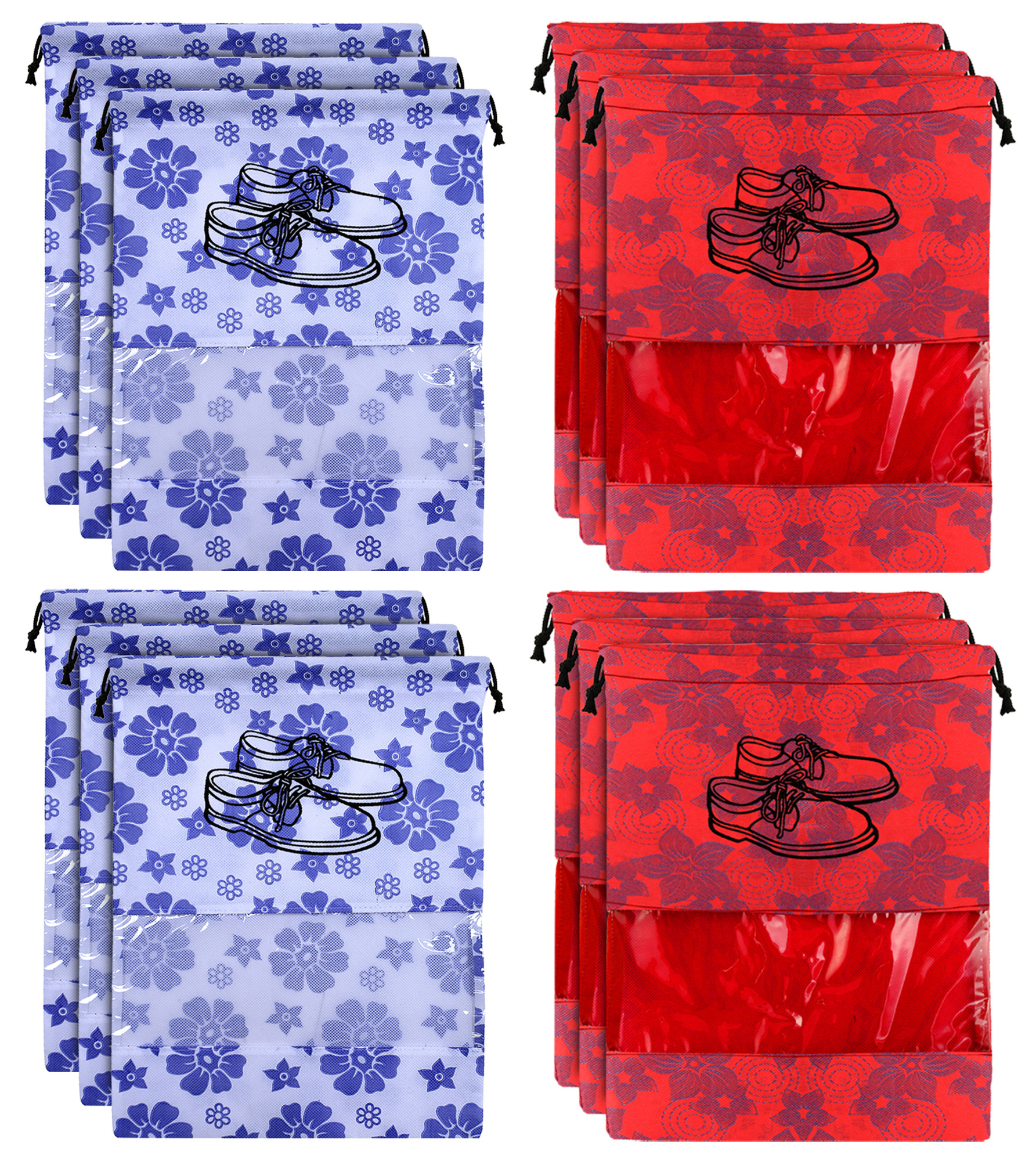 Kuber Industries Metalic Floral Design Non Woven Travel Shoe Organizer Space Saving Fabric Storage Bags Organizer, Royal Blue & Red-KUBMART1078