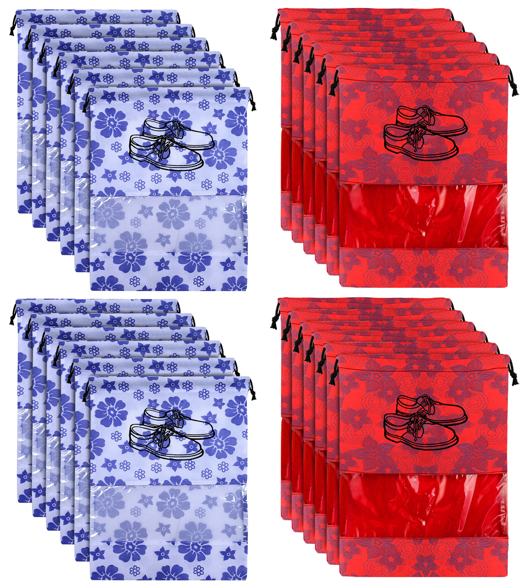 Kuber Industries Metalic Floral Design Non Woven Travel Shoe Organizer Space Saving Fabric Storage Bags Organizer, Royal Blue & Red-KUBMART1078