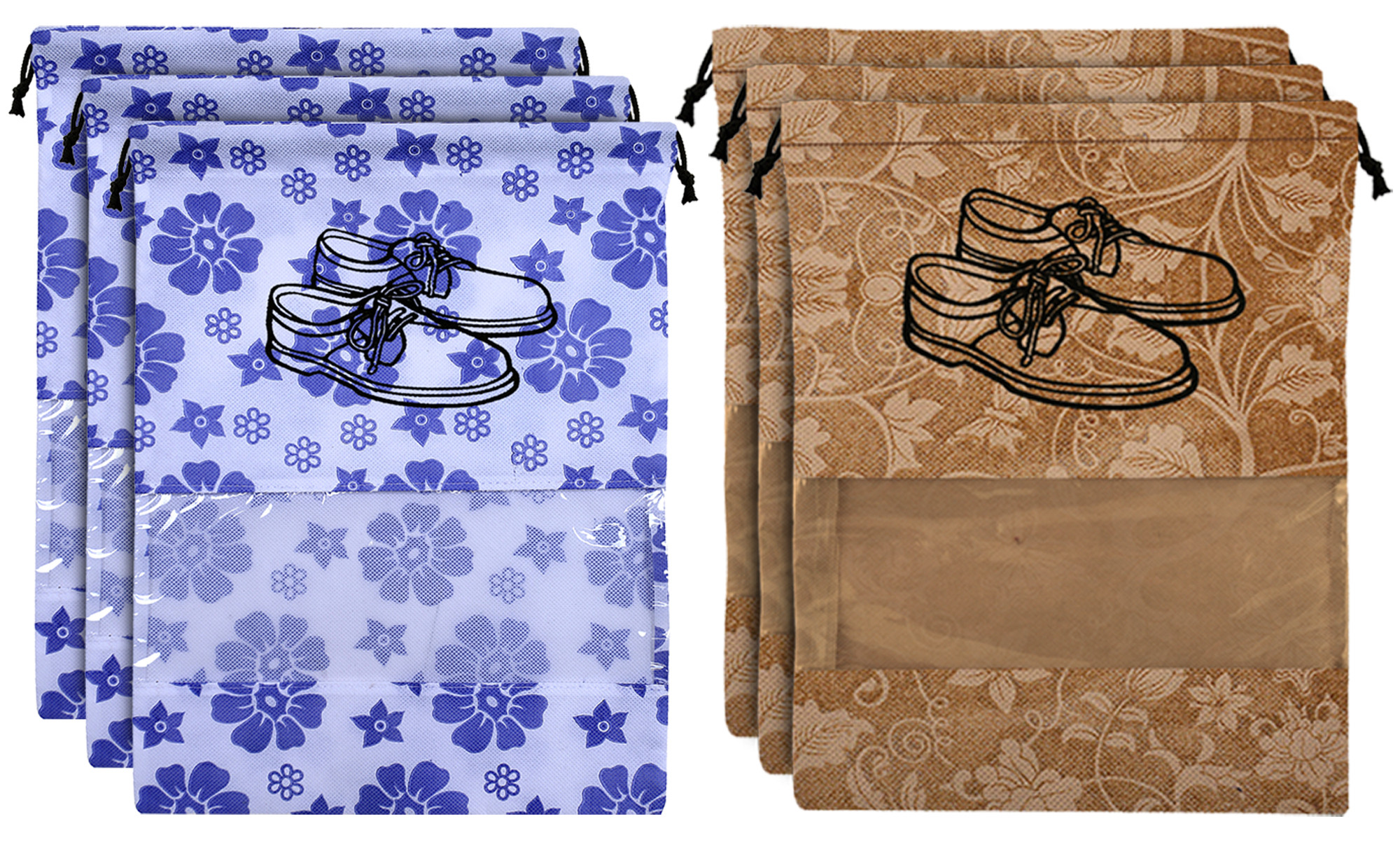 Kuber Industries Metalic Floral Design Non Woven Travel Shoe Organizer Space Saving Fabric Storage Bags Organizer, Royal Blue & Beige-KUBMART1080