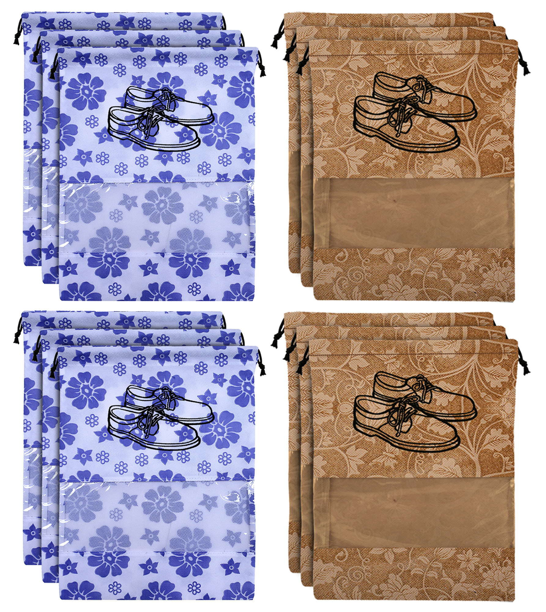 Kuber Industries Metalic Floral Design Non Woven Travel Shoe Organizer Space Saving Fabric Storage Bags Organizer, Royal Blue & Beige-KUBMART1080
