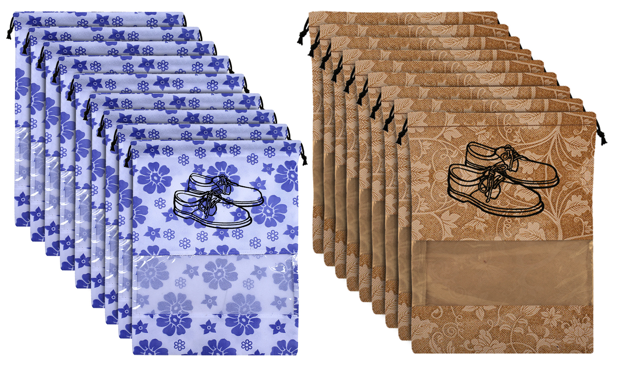 Kuber Industries Metalic Floral Design Non Woven Travel Shoe Organizer Space Saving Fabric Storage Bags Organizer, Royal Blue & Beige-KUBMART1080