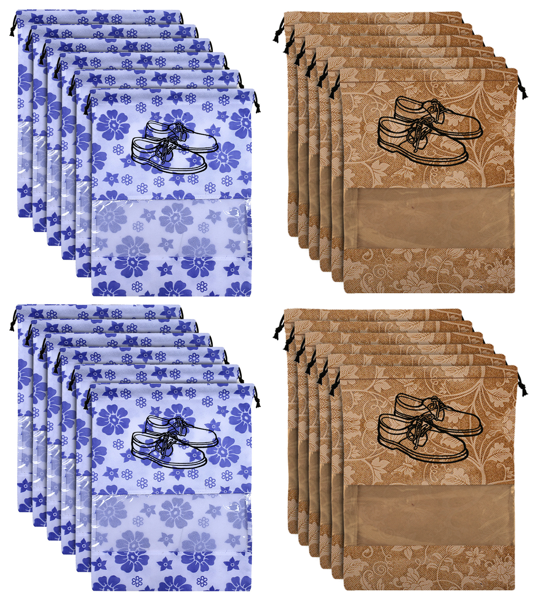 Kuber Industries Metalic Floral Design Non Woven Travel Shoe Organizer Space Saving Fabric Storage Bags Organizer, Royal Blue & Beige-KUBMART1080
