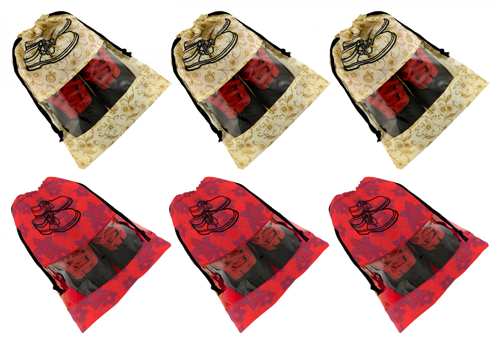 Kuber Industries Metalic Floral Design Non Woven Travel Shoe Organizer Space Saving Fabric Storage Bags Organizer, Brown & Red-KUBMART1082
