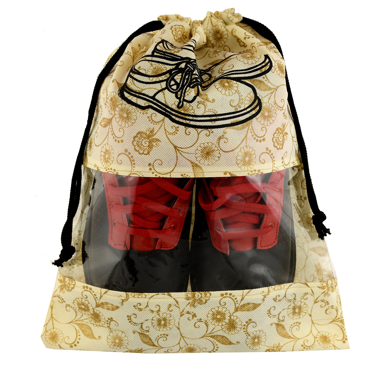 Kuber Industries Metalic Floral Design Non Woven Travel Shoe Organizer Space Saving Fabric Storage Bags Organizer, Brown & Red-KUBMART1082