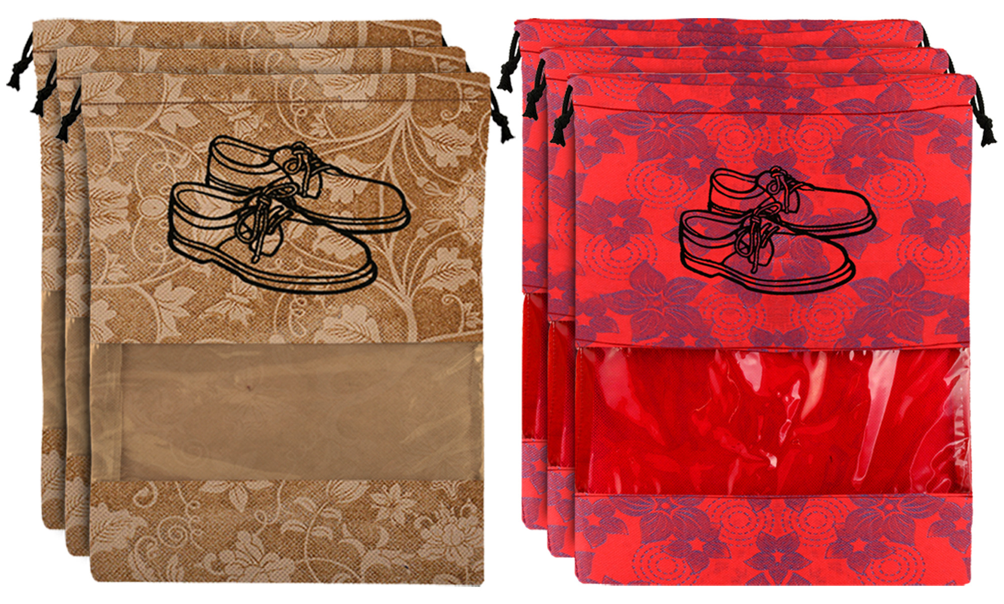 Kuber Industries Metalic Floral Design Non Woven Travel Shoe Organizer Space Saving Fabric Storage Bags Organizer, Red & Beige-KUBMART1086