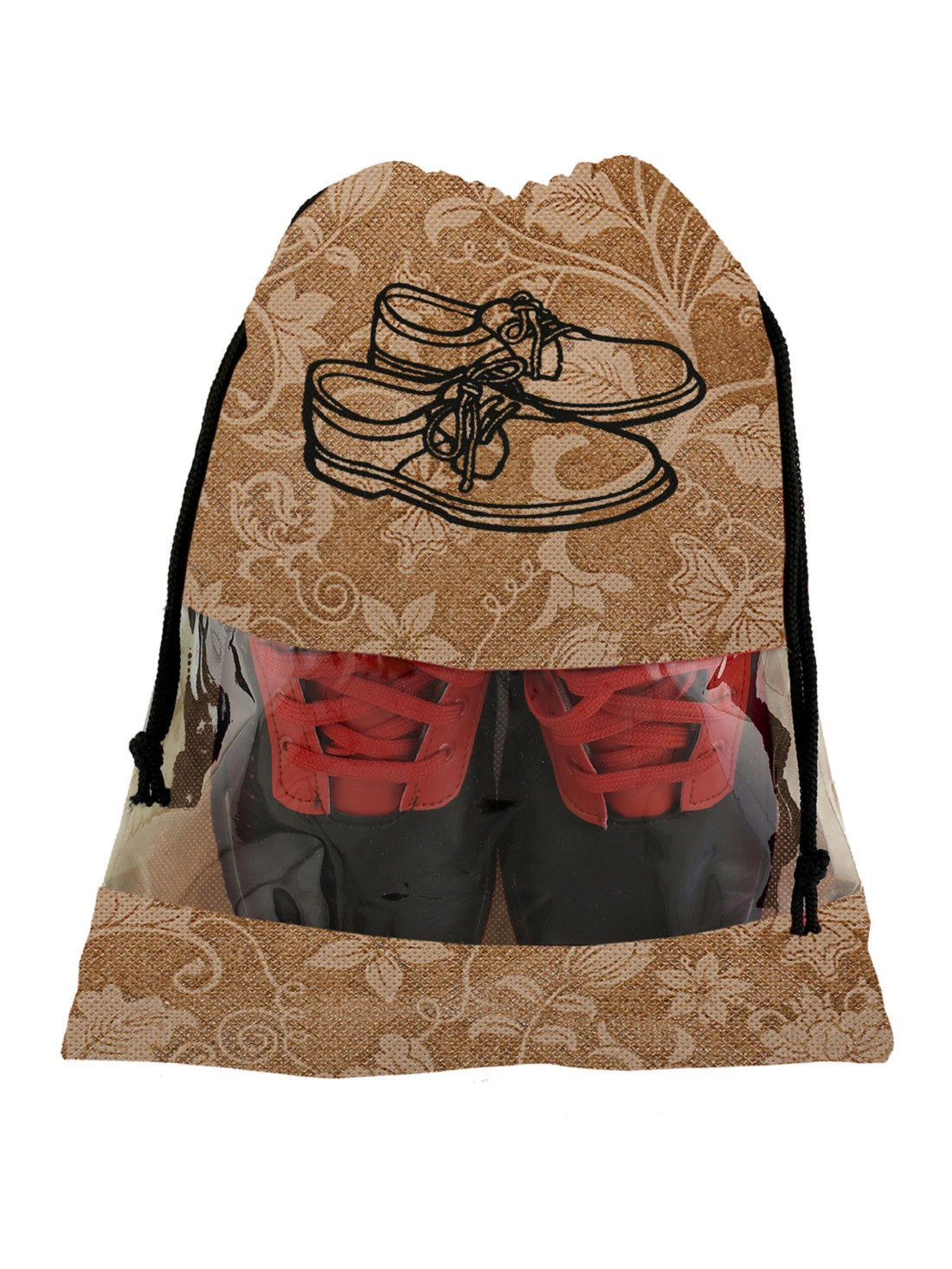 Kuber Industries Metalic Floral Design Non Woven Travel Shoe Organizer Space Saving Fabric Storage Bags Organizer, Red & Beige-KUBMART1086