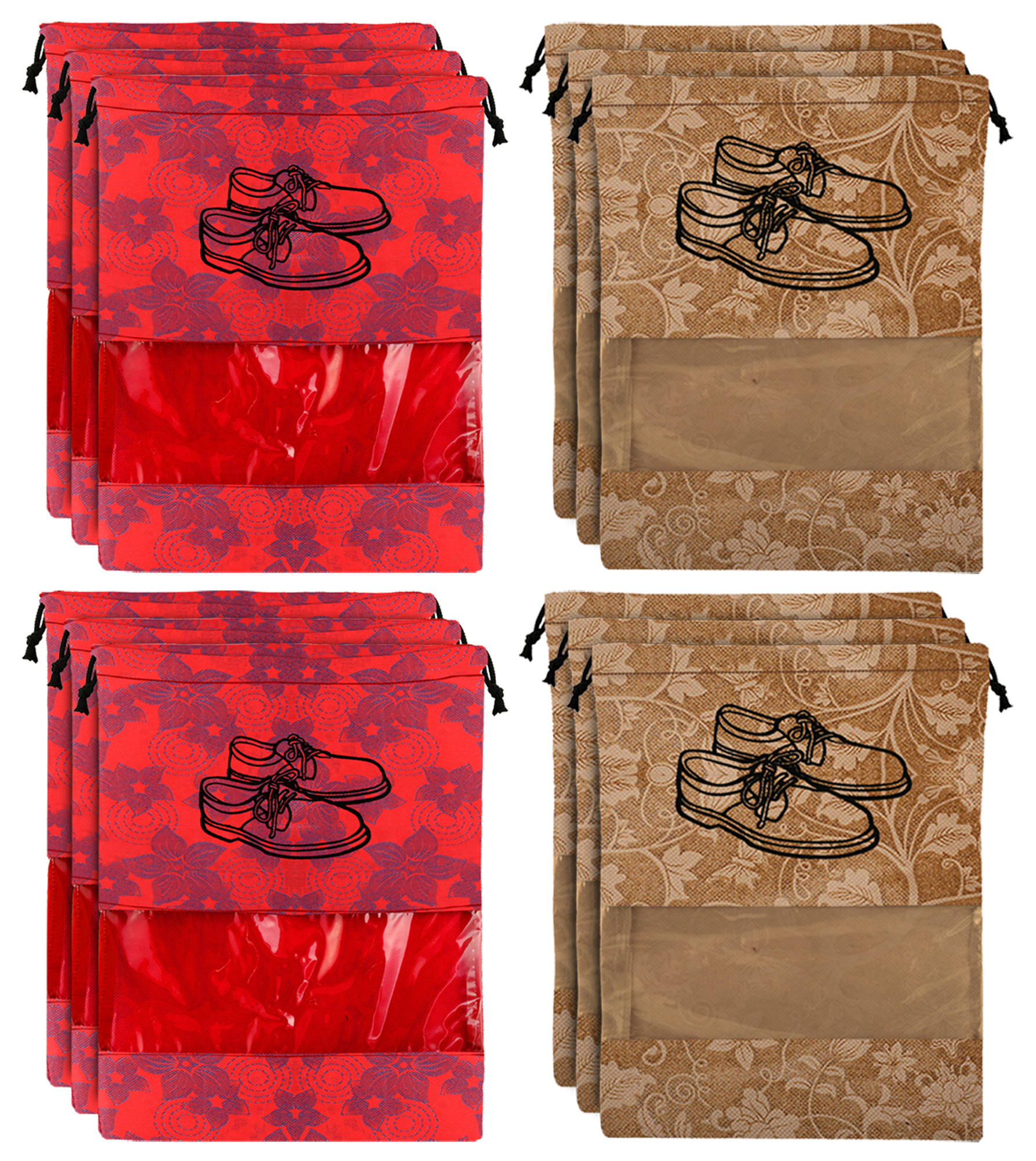 Kuber Industries Metalic Floral Design Non Woven Travel Shoe Organizer Space Saving Fabric Storage Bags Organizer, Red & Beige-KUBMART1086