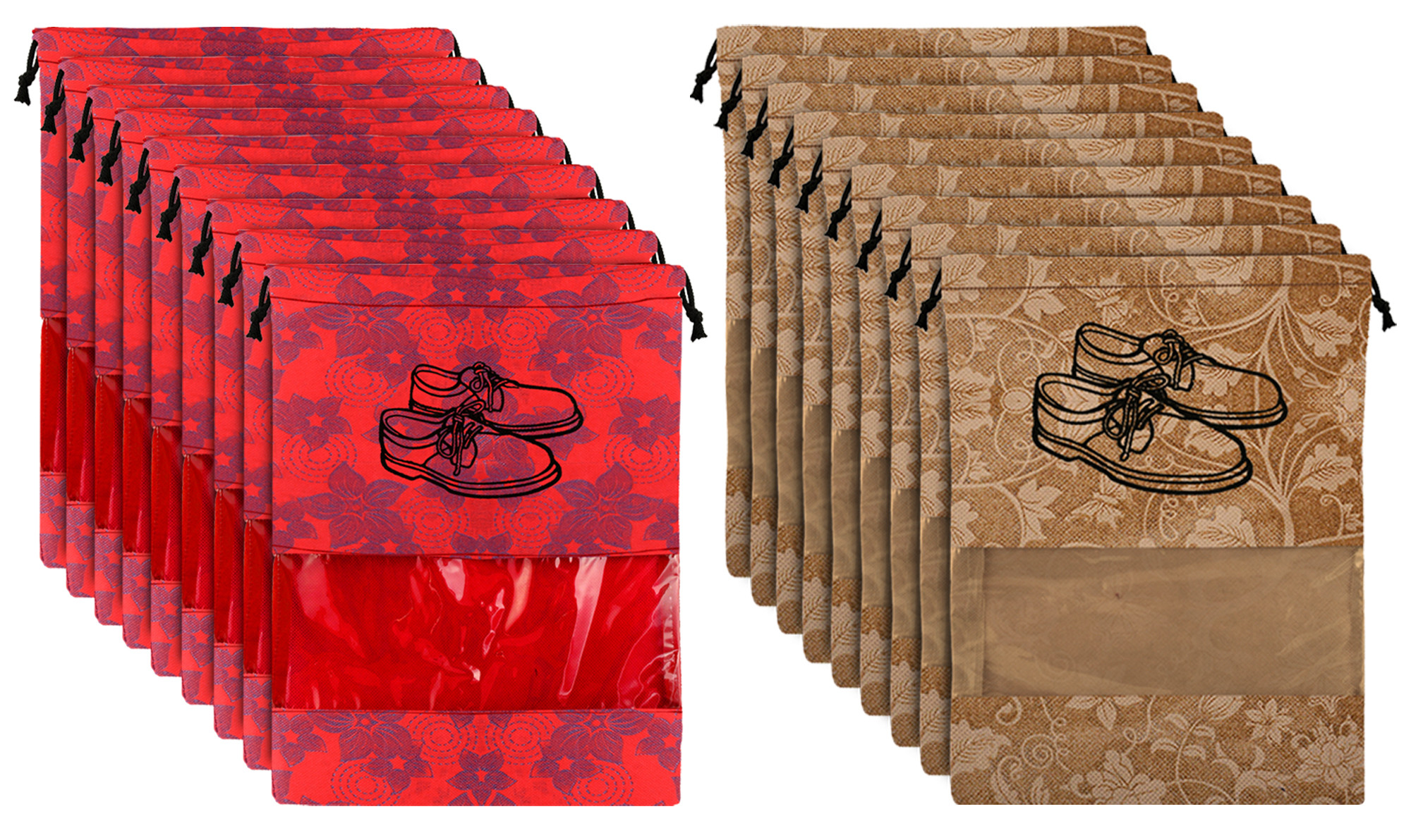 Kuber Industries Metalic Floral Design Non Woven Travel Shoe Organizer Space Saving Fabric Storage Bags Organizer, Red & Beige-KUBMART1086