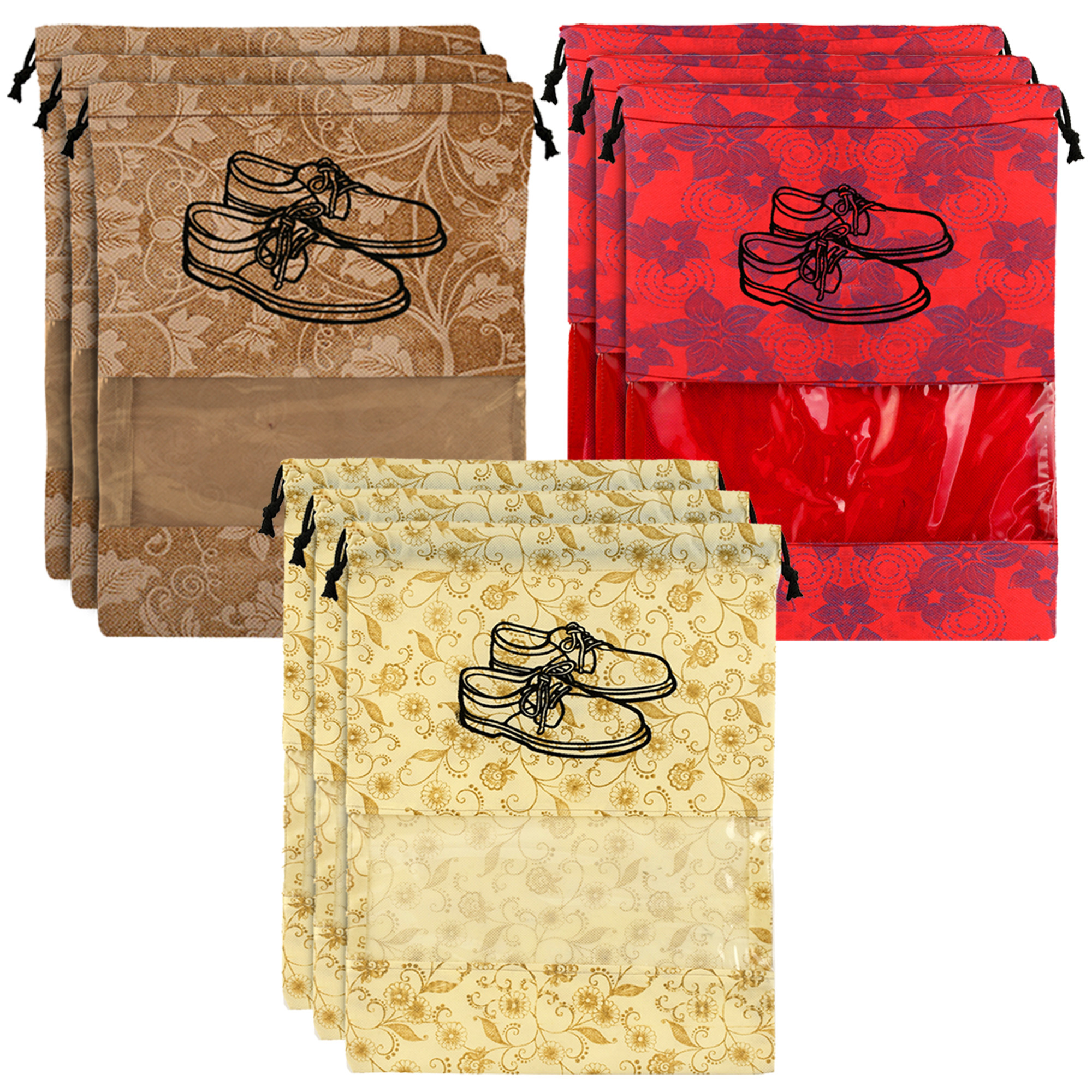 Kuber Industries Metalic Floral Design Non Woven Travel Shoe Organizer Space Saving Fabric Storage Bags Organizer, Brown & Red & Beige-KUBMART1092