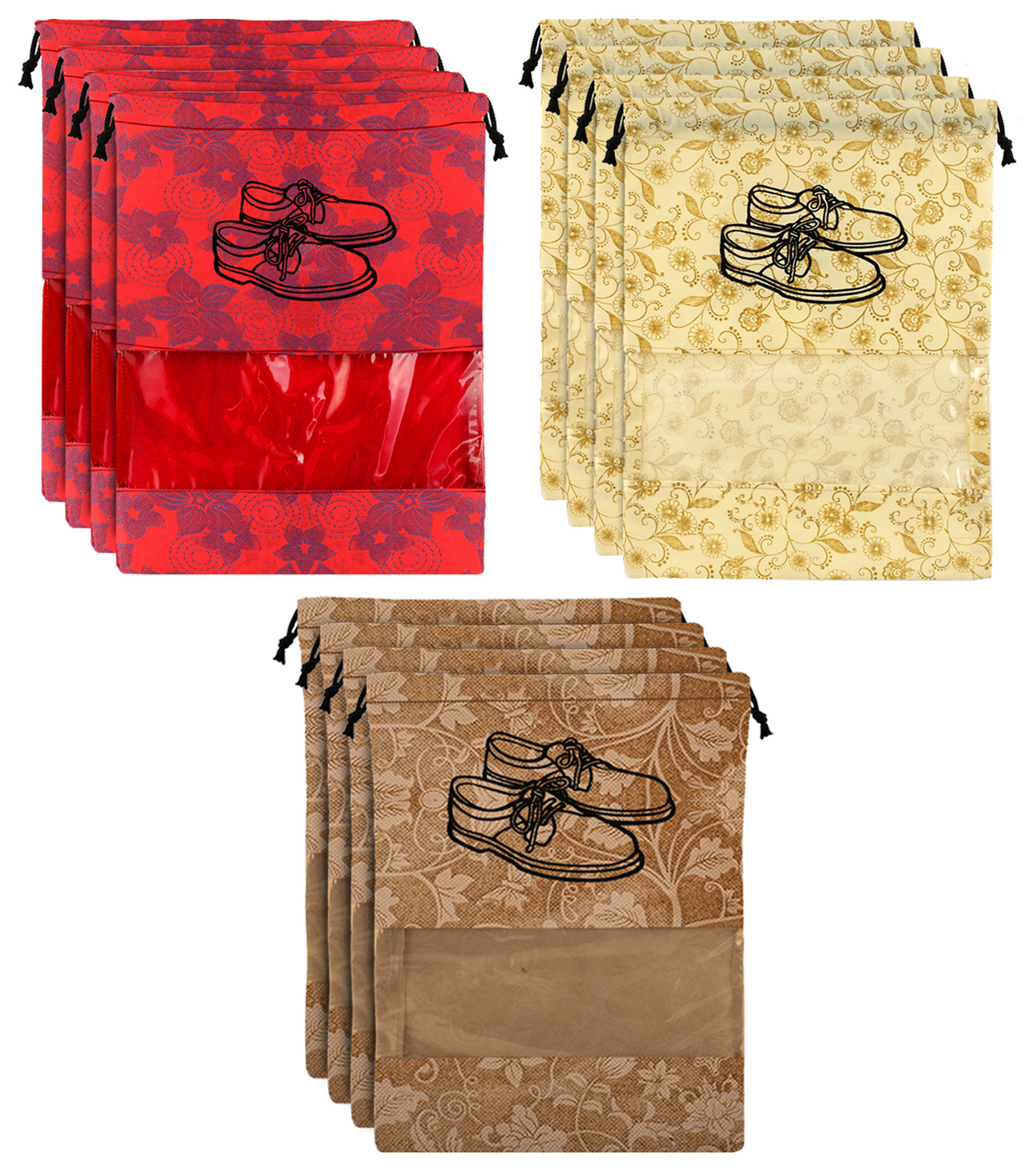 Kuber Industries Metalic Floral Design Non Woven Travel Shoe Organizer Space Saving Fabric Storage Bags Organizer, Brown & Red & Beige-KUBMART1092