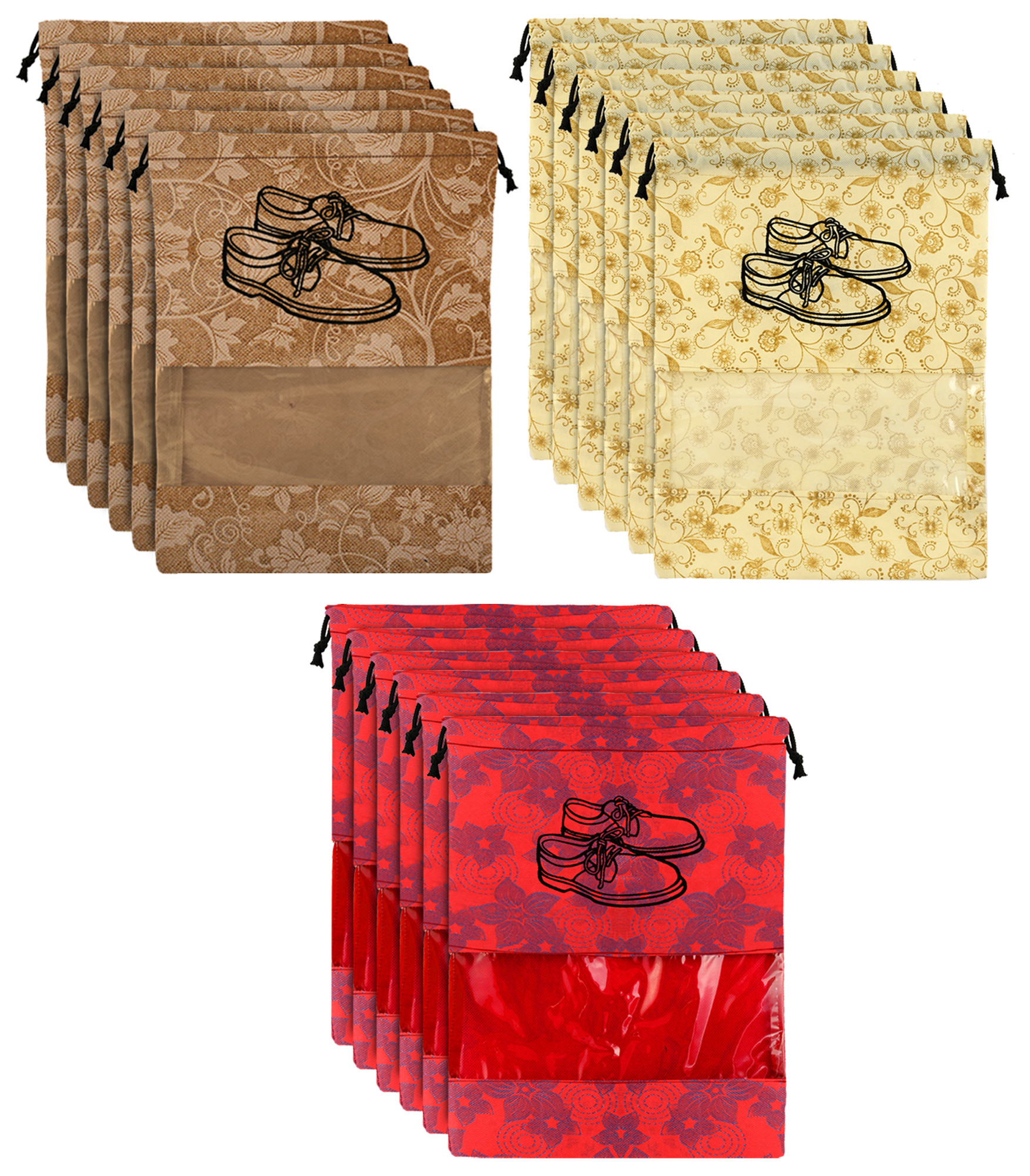 Kuber Industries Metalic Floral Design Non Woven Travel Shoe Organizer Space Saving Fabric Storage Bags Organizer, Brown & Red & Beige-KUBMART1092