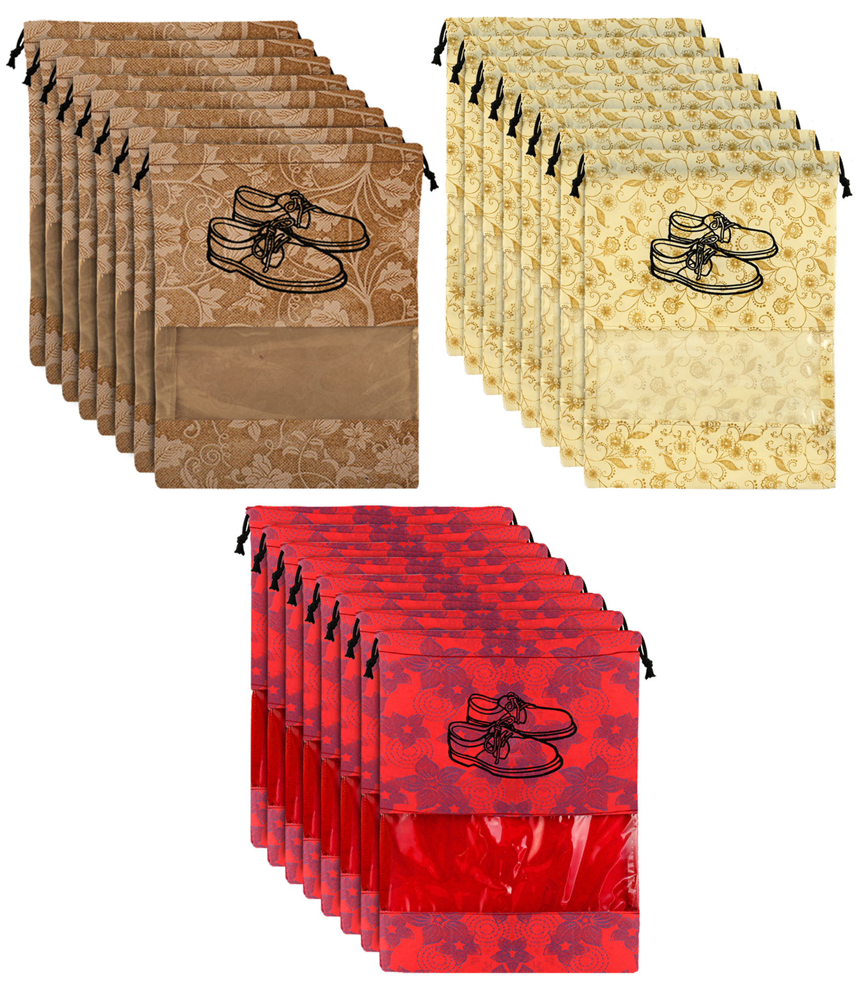 Kuber Industries Metalic Floral Design Non Woven Travel Shoe Organizer Space Saving Fabric Storage Bags Organizer, Brown & Red & Beige-KUBMART1092