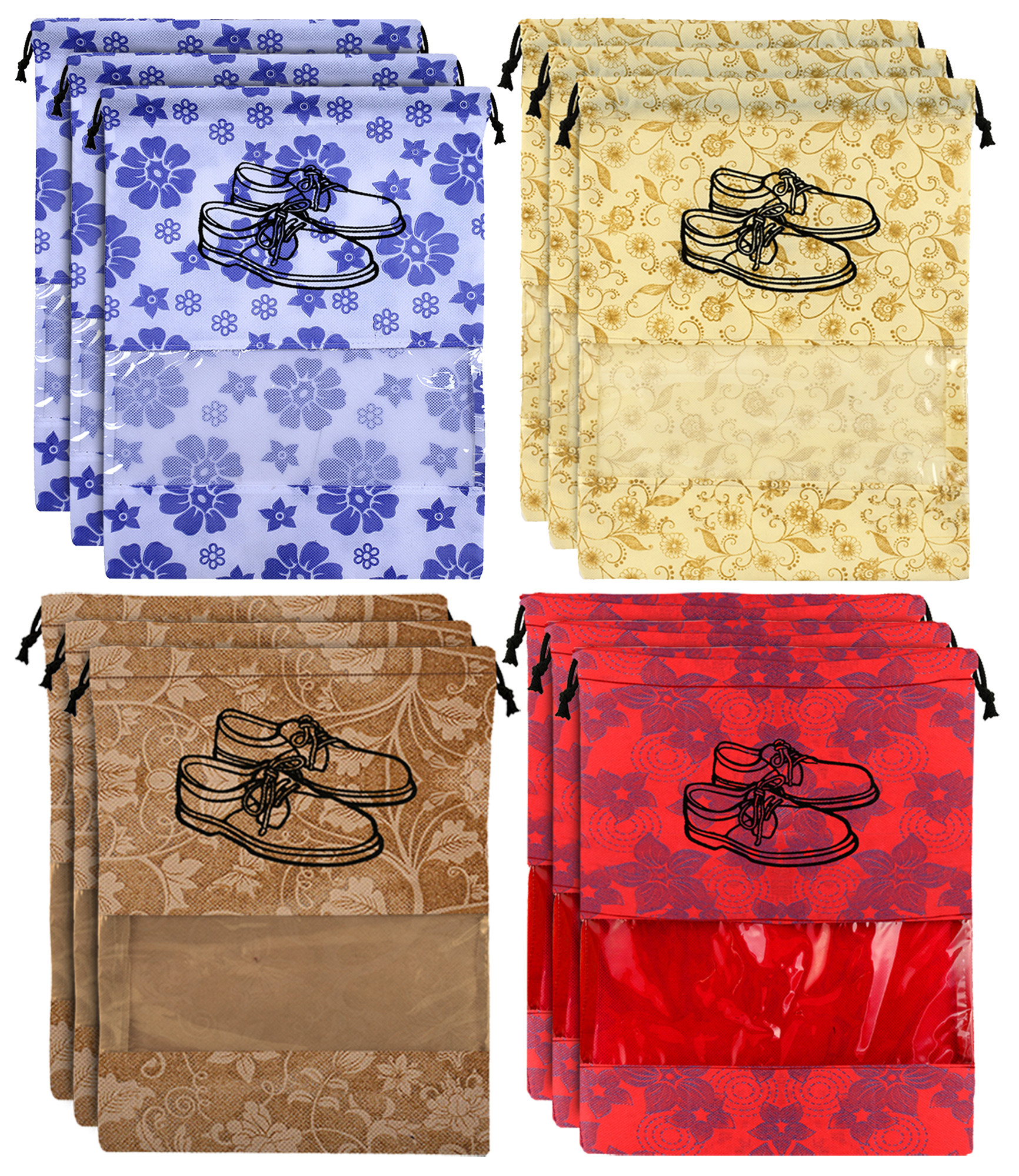 Kuber Industries Metalic Floral Design Non Woven Travel Shoe Organizer Space Saving Fabric Storage Bags Organizer, Royal Blue & Brown & Red & Beige-KUBMART1112