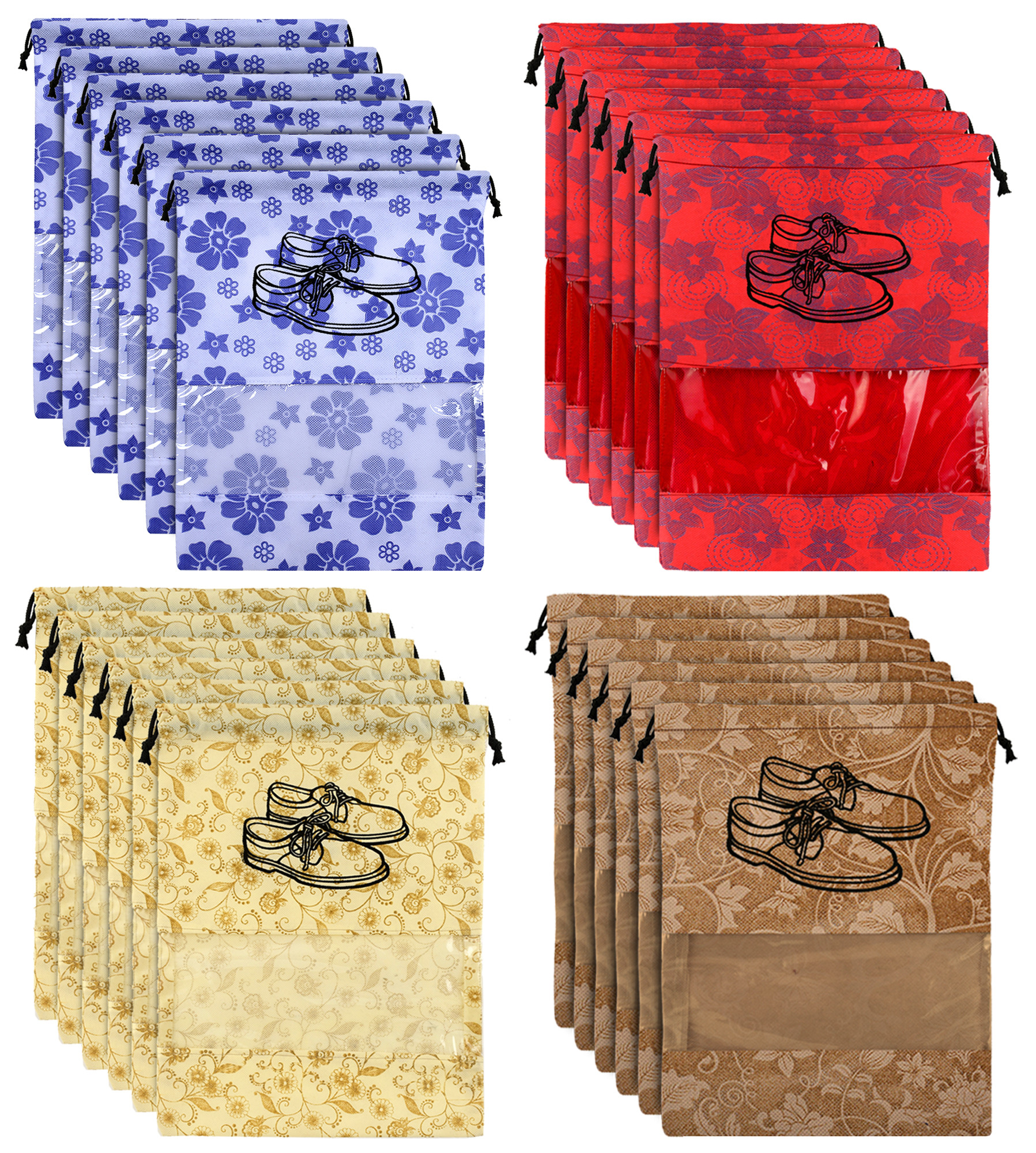 Kuber Industries Metalic Floral Design Non Woven Travel Shoe Organizer Space Saving Fabric Storage Bags Organizer, Royal Blue & Brown & Red & Beige-KUBMART1112