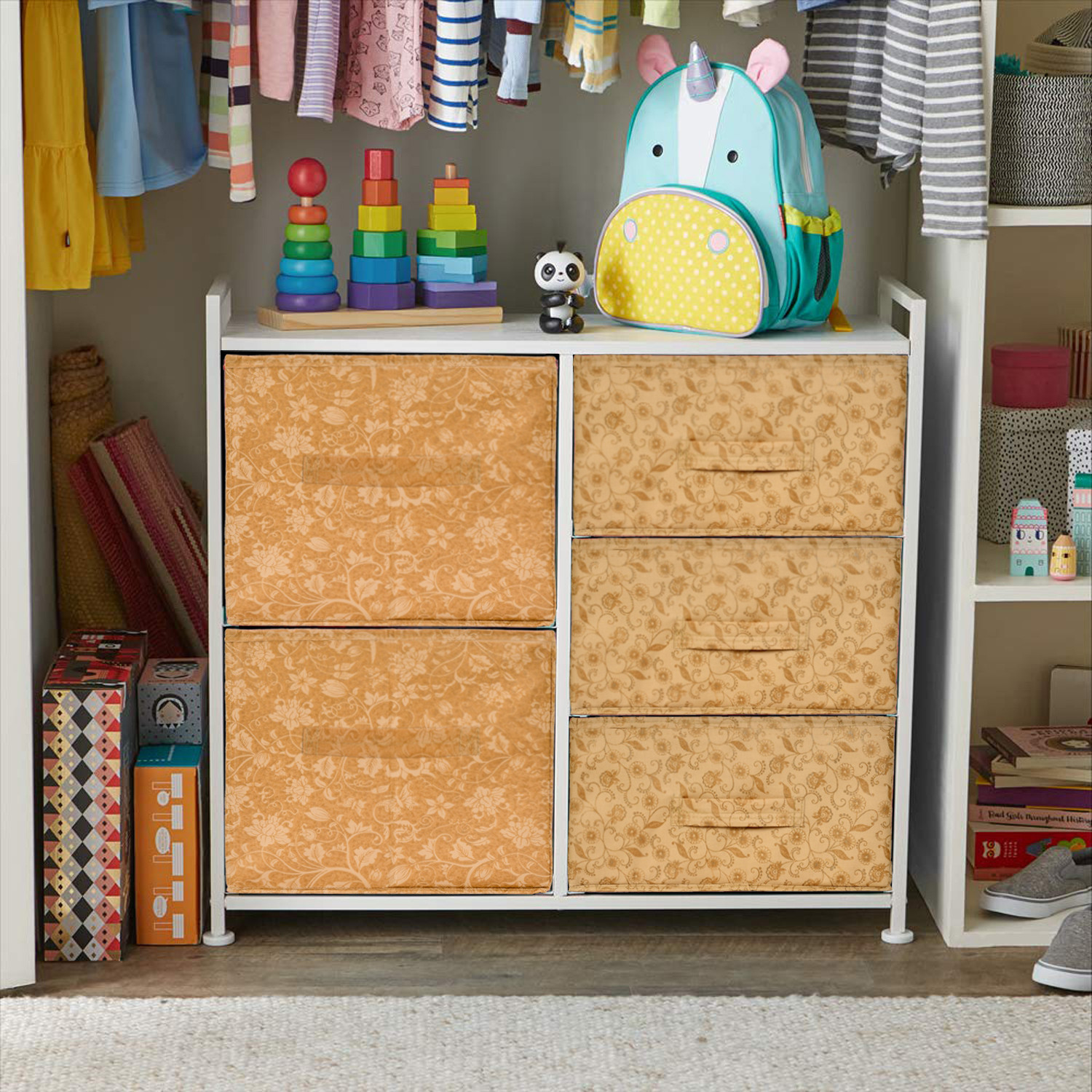 Kuber Industries Metalic Floral Print Non Woven Fabric 5-Drawer Storage And Cloth Organizer Unit for Closet (Beige)-KUBMART1764