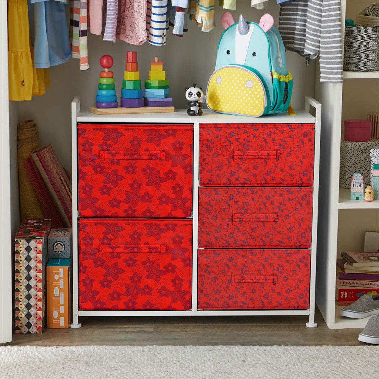 Kuber Industries Metalic Floral Print Non Woven Fabric 5-Drawer Storage And Cloth Organizer Unit for Closet (Red)-KUBMART1766