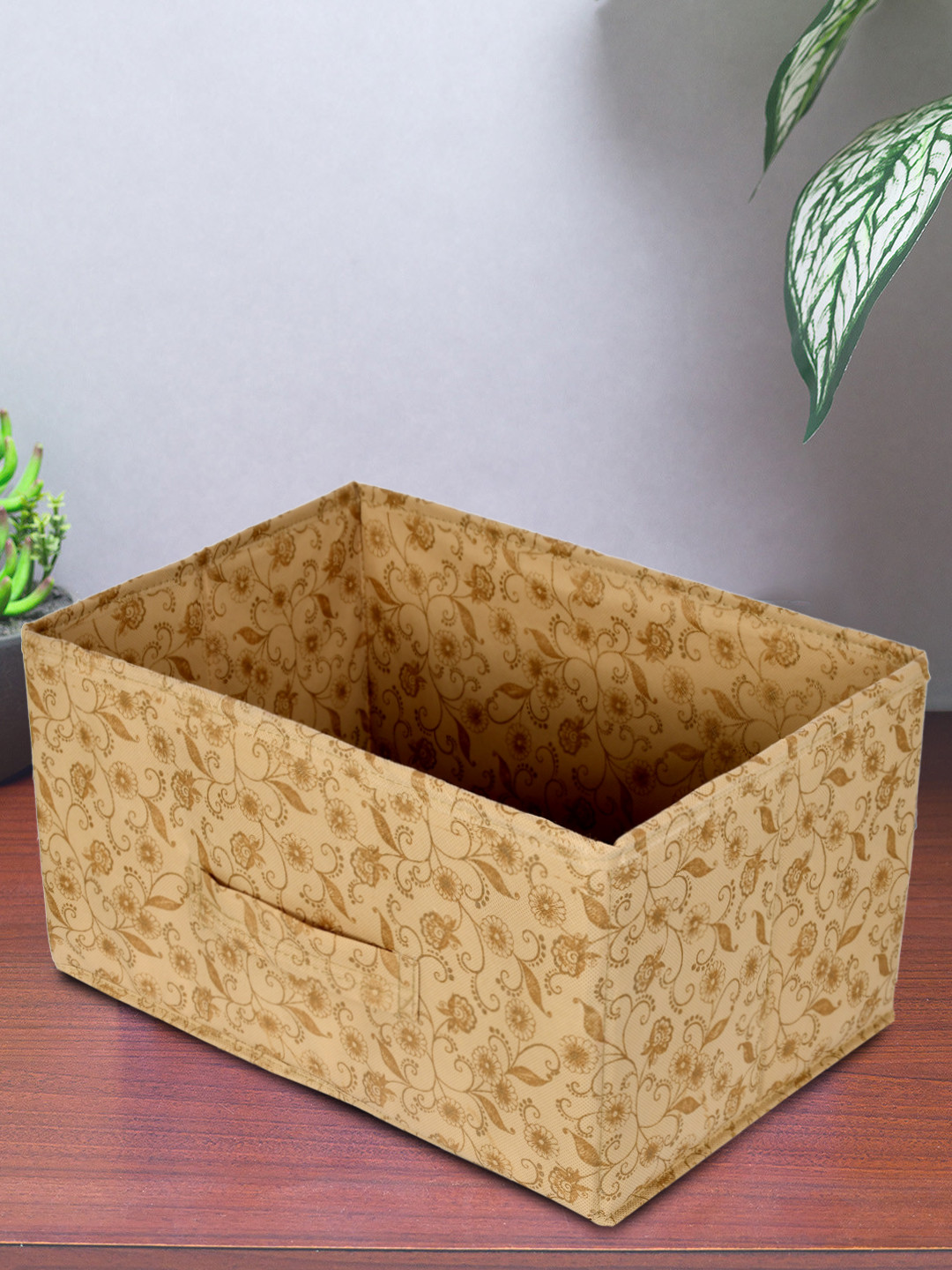 Kuber Industries Metalic Floral Print Non Woven Fabric Drawer Storage And Cloth Organizer Unit for Closet (Beige)-KUBMART1170