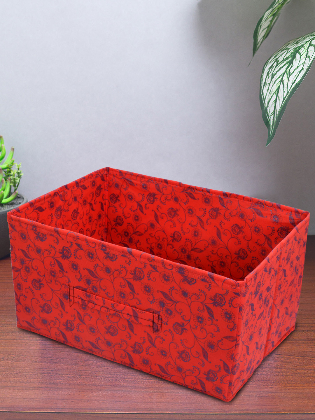 Kuber Industries Metalic Floral Print Non Woven Fabric Drawer Storage And Cloth Organizer Unit for Closet (Red)-KUBMART1180