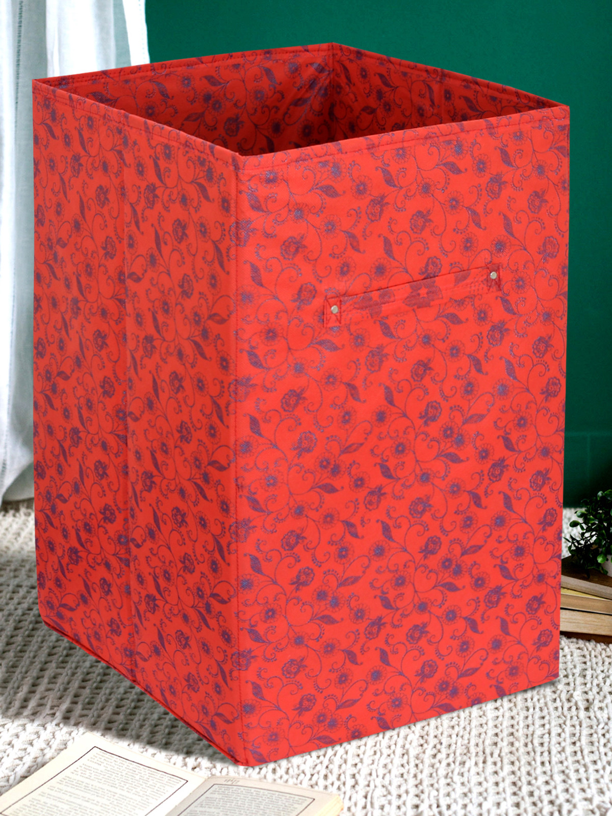 Kuber Industries Metalic Floral Print Non Woven Fabric Foldable Laundry Basket , Toy Storage Basket, Cloth Storage Basket With Handles (Set Of 2, Beige & Red)-KUBMART2083