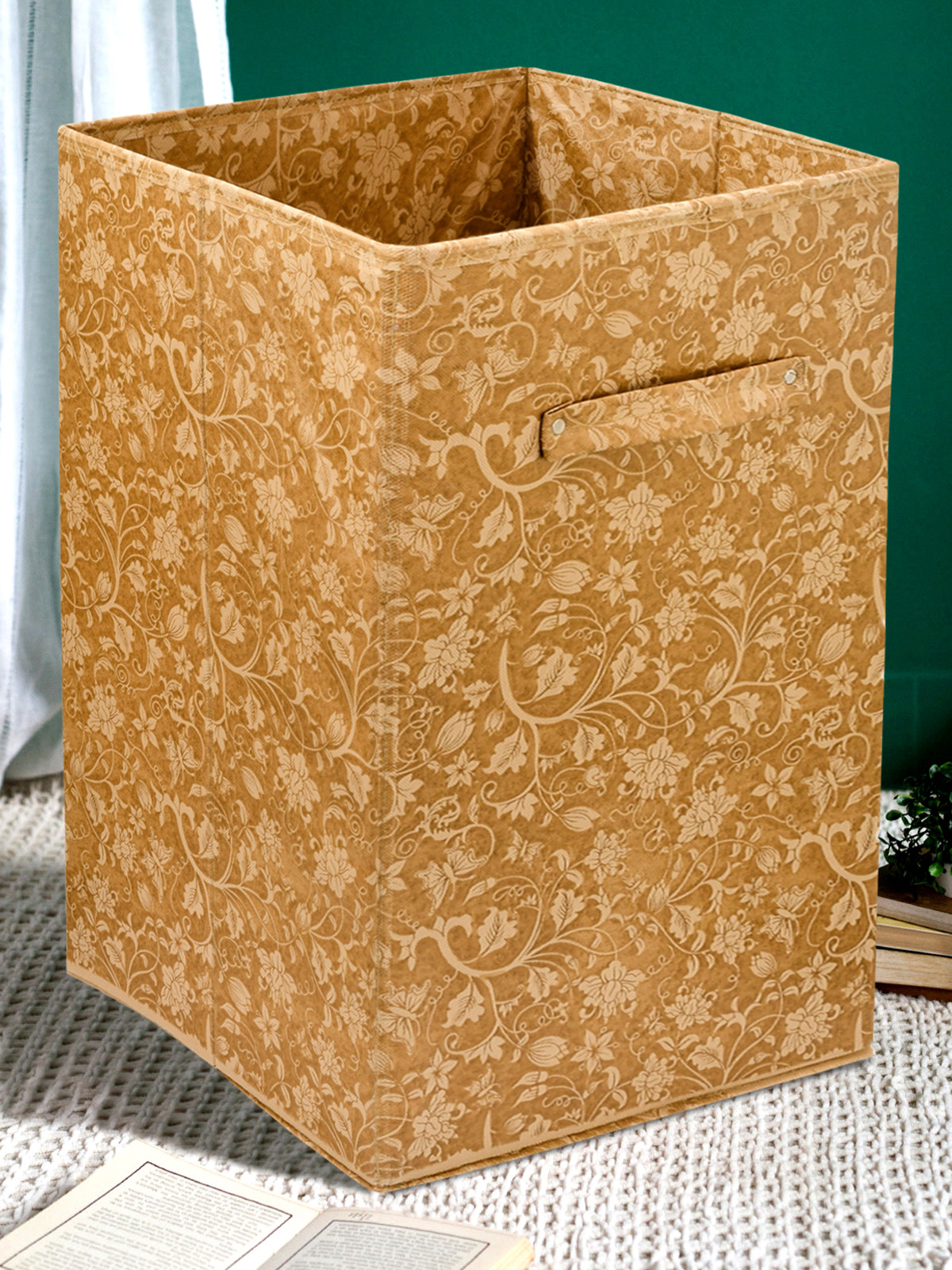 Kuber Industries Metalic Floral Print Non Woven Fabric Foldable Laundry Basket , Toy Storage Basket, Cloth Storage Basket With Handles (Set Of 2, Beige & Red)-KUBMART2083