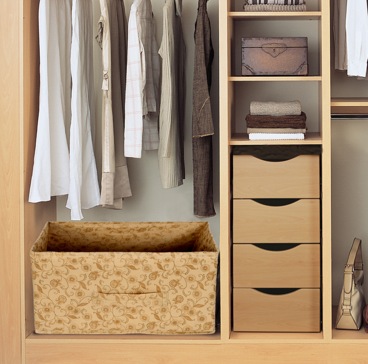Kuber Industries Metalic Floral Print Non Woven Fabric Replacement Drawer Storage And Cloth Organizer Unit for Closet (Beige)-KUBMART3478