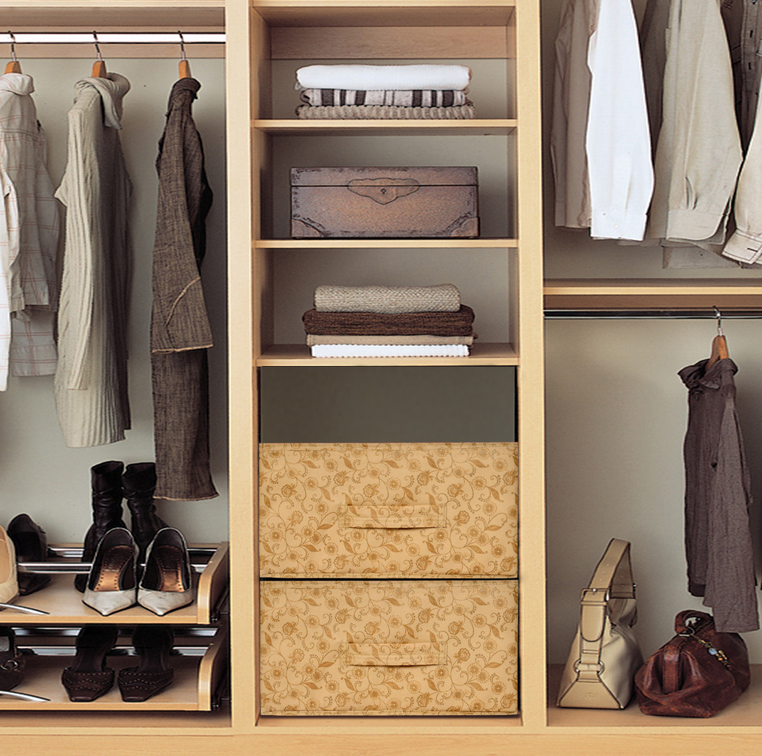 Kuber Industries Metalic Floral Print Non Woven Fabric Replacement Drawer Storage And Cloth Organizer Unit for Closet (Beige)-KUBMART3478
