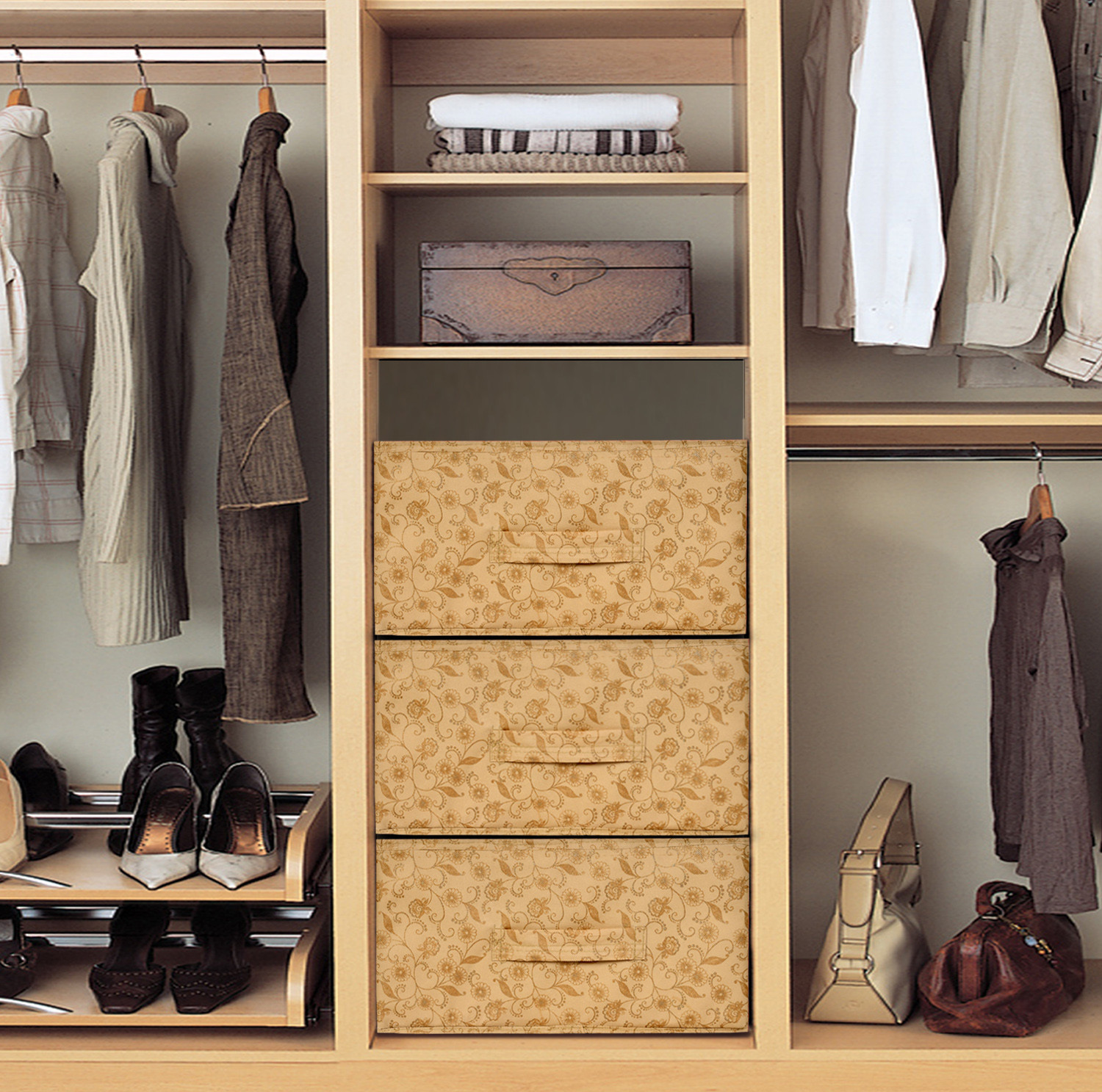 Kuber Industries Metalic Floral Print Non Woven Fabric Replacement Drawer Storage And Cloth Organizer Unit for Closet (Beige)-KUBMART3478