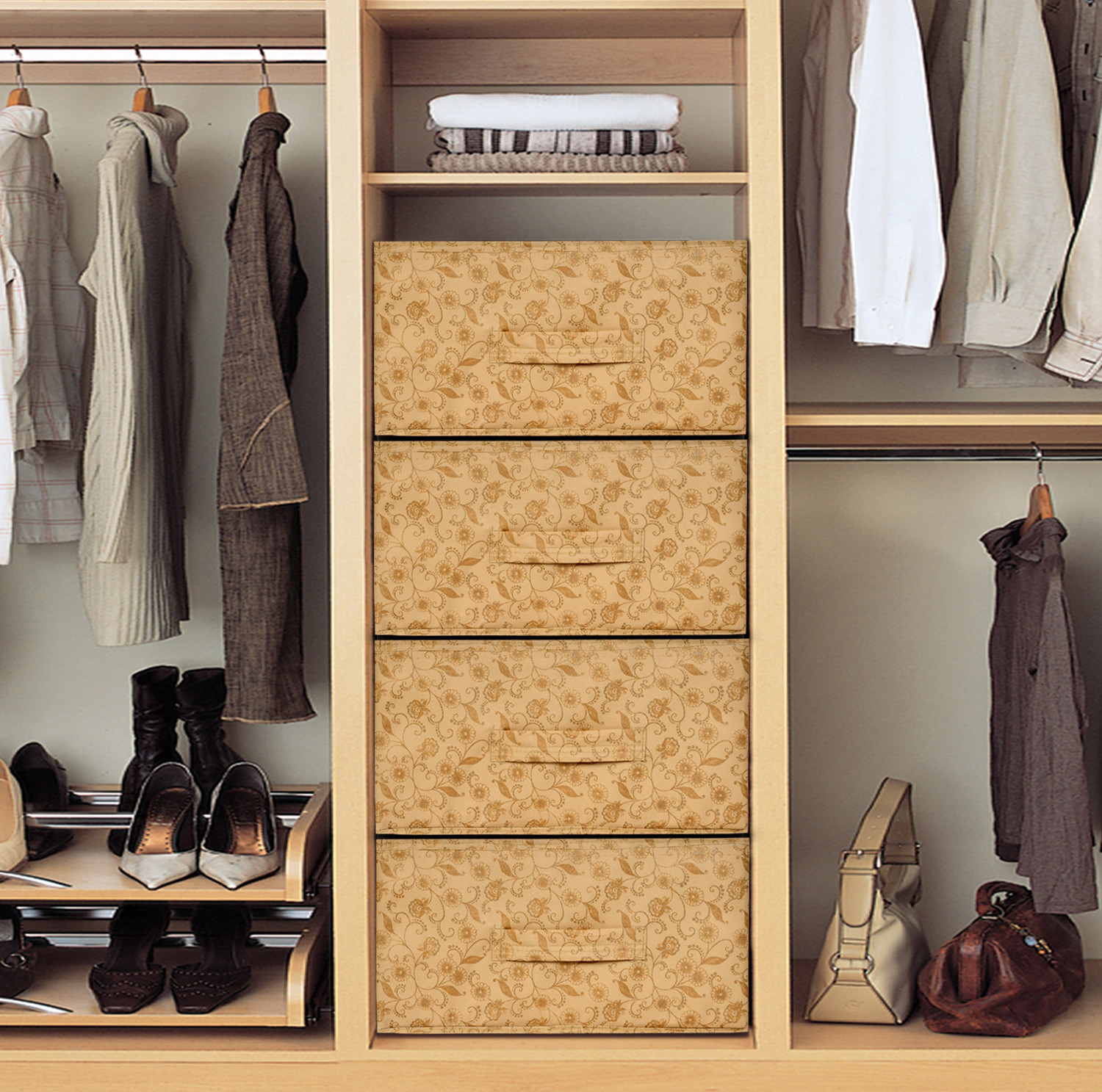 Kuber Industries Metalic Floral Print Non Woven Fabric Replacement Drawer Storage And Cloth Organizer Unit for Closet (Beige)-KUBMART3478