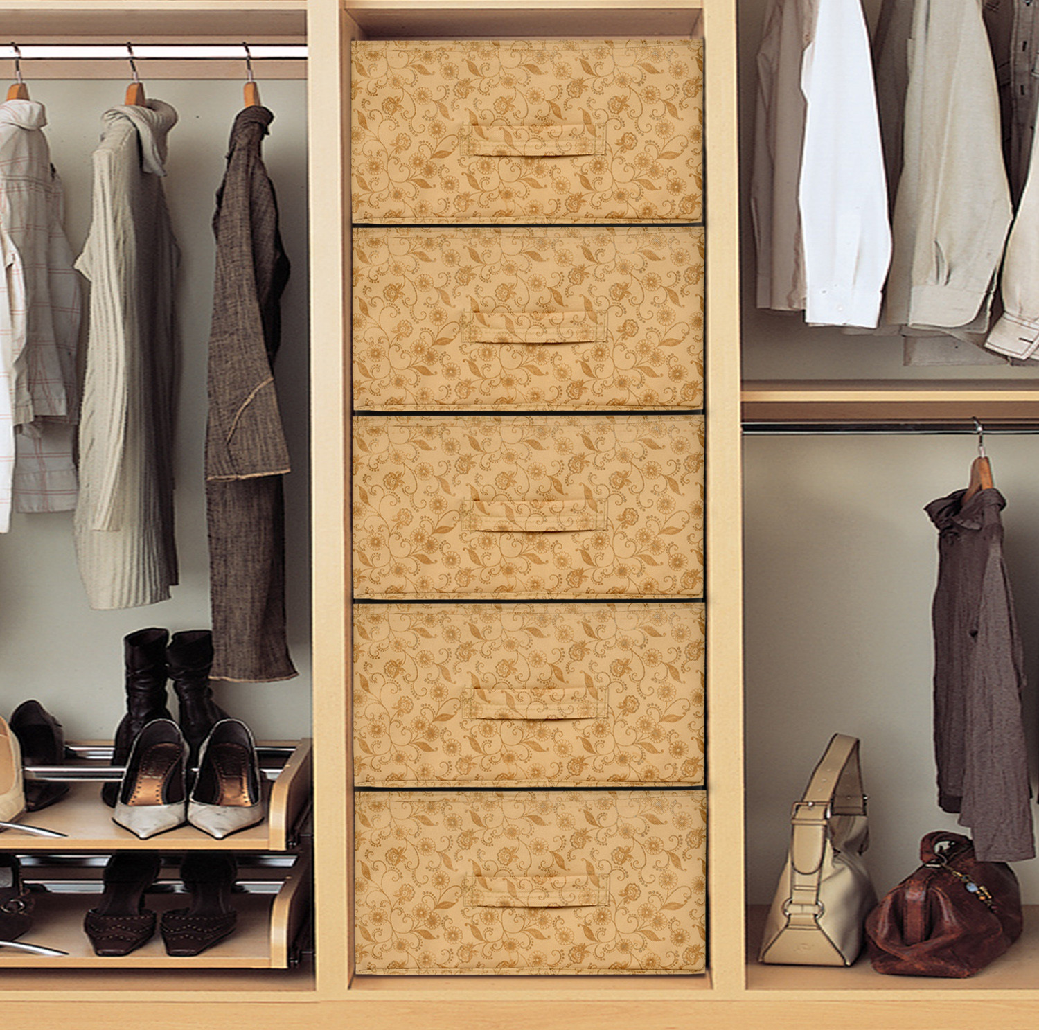 Kuber Industries Metalic Floral Print Non Woven Fabric Replacement Drawer Storage And Cloth Organizer Unit for Closet (Beige)-KUBMART3478