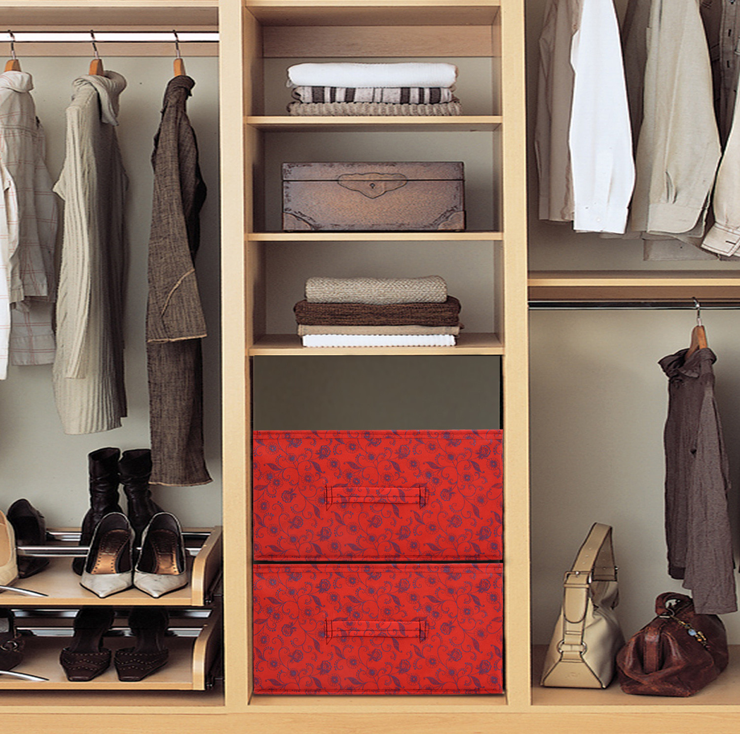 Kuber Industries Metalic Floral Print Non Woven Fabric Replacement Drawer Storage And Cloth Organizer Unit for Closet (Red)-KUBMART3488