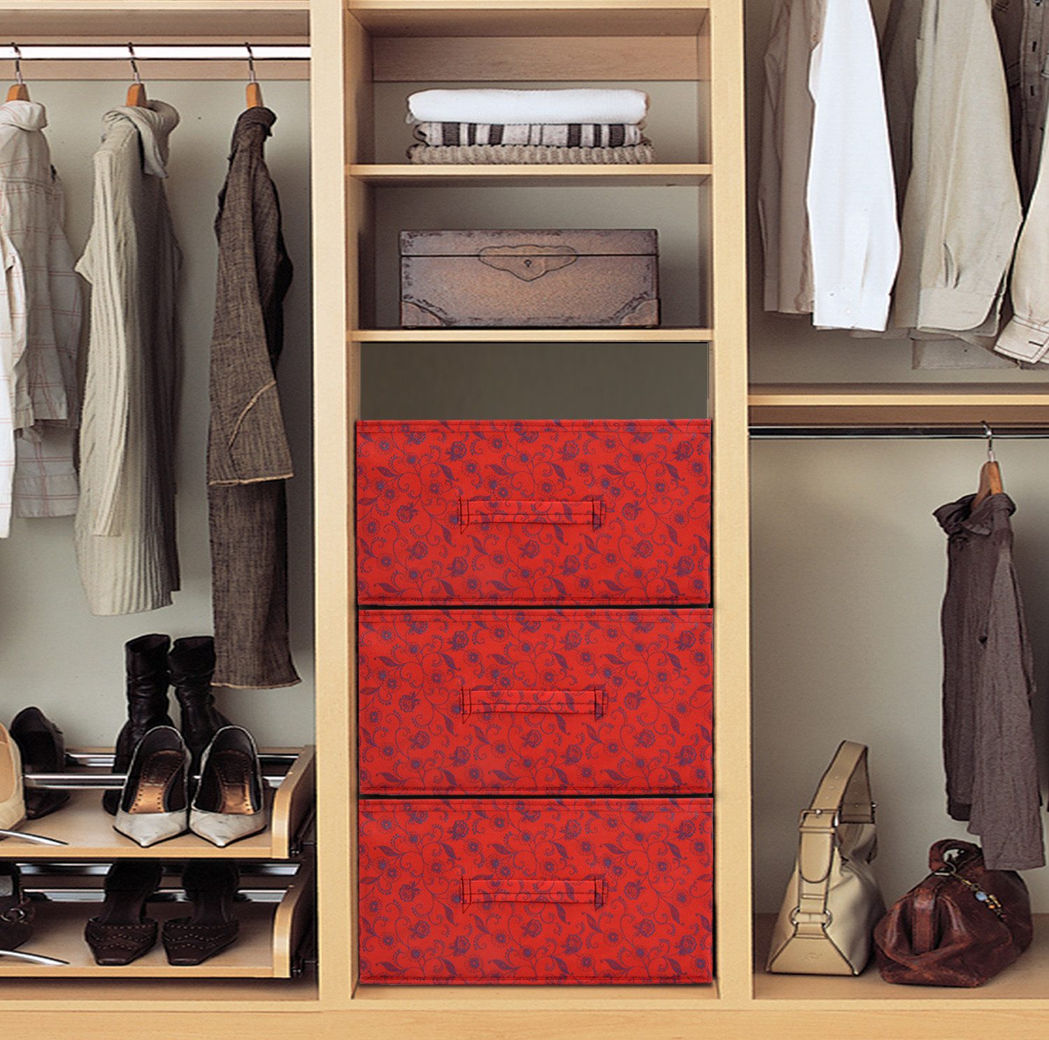 Kuber Industries Metalic Floral Print Non Woven Fabric Replacement Drawer Storage And Cloth Organizer Unit for Closet (Red)-KUBMART3488