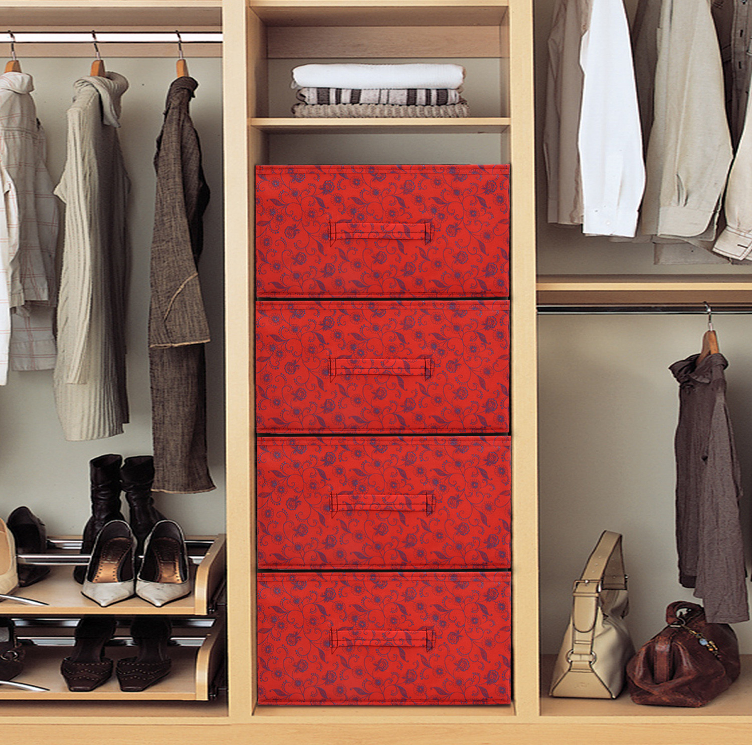 Kuber Industries Metalic Floral Print Non Woven Fabric Replacement Drawer Storage And Cloth Organizer Unit for Closet (Red)-KUBMART3488