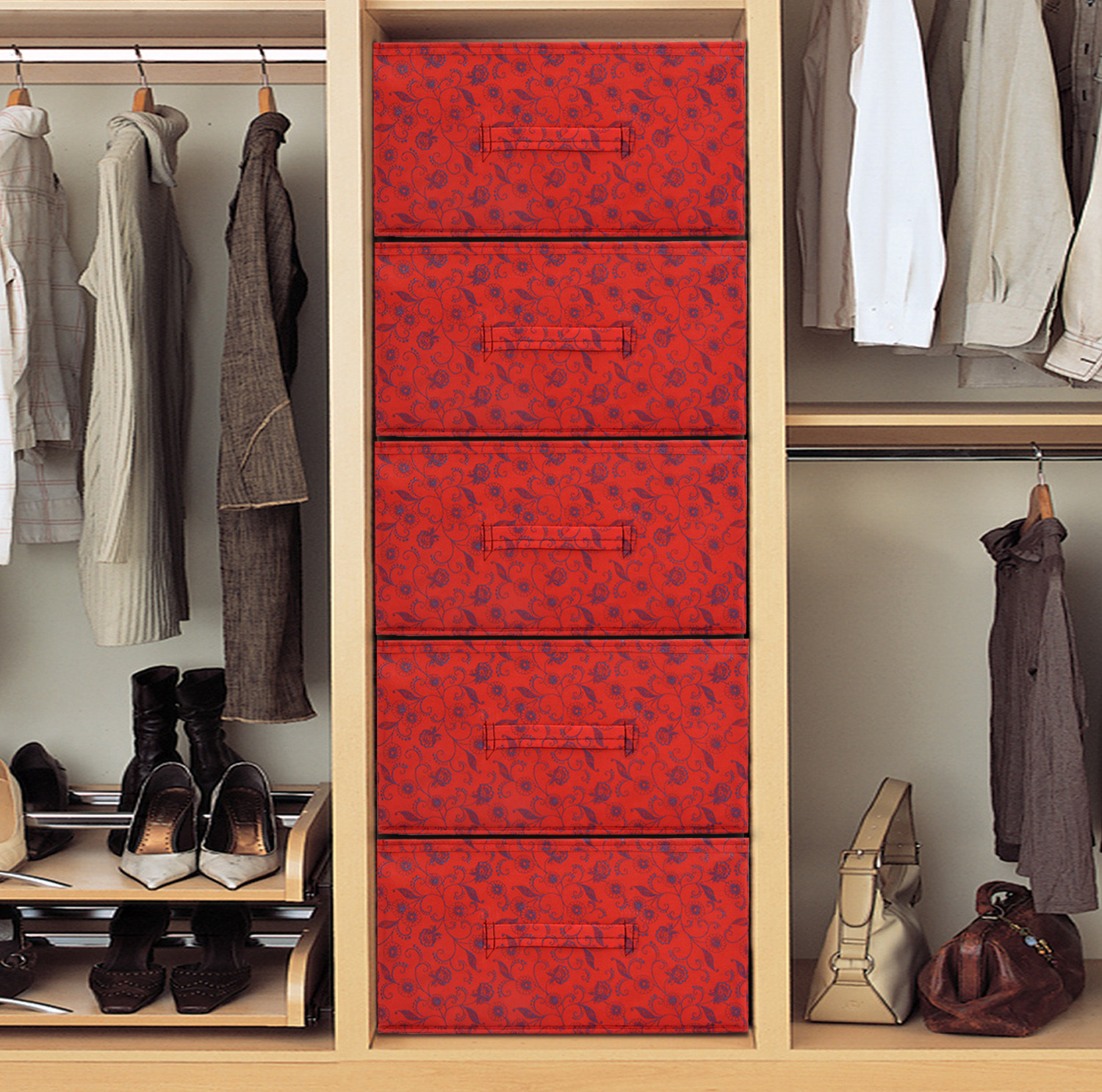 Kuber Industries Metalic Floral Print Non Woven Fabric Replacement Drawer Storage And Cloth Organizer Unit for Closet (Red)-KUBMART3488