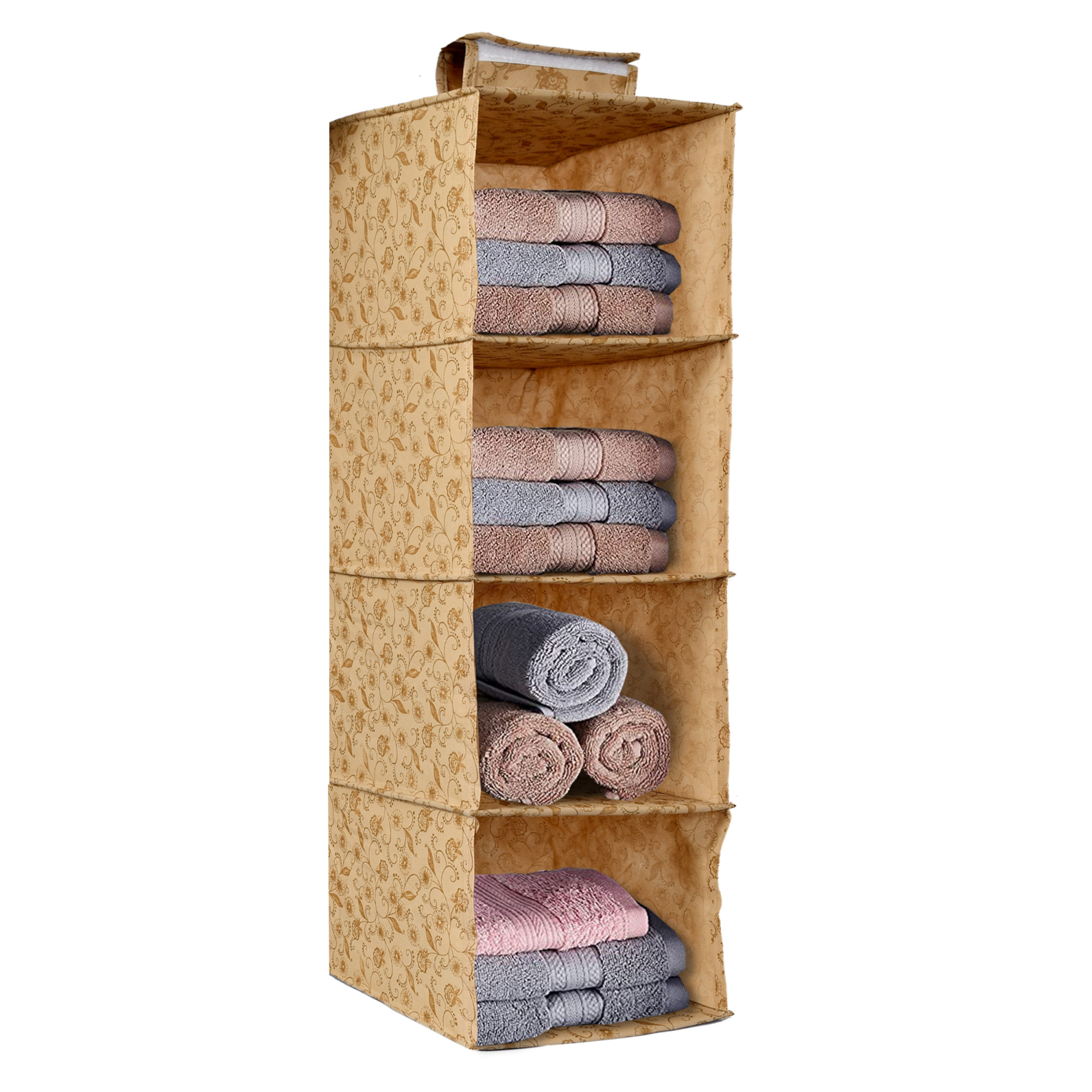 Kuber Industries Metalic Floral Print Non Woven Hanging 4 Shelves Foldable Wardrobe/Closet Cloth Organizer (Beige)-KUBMART1160