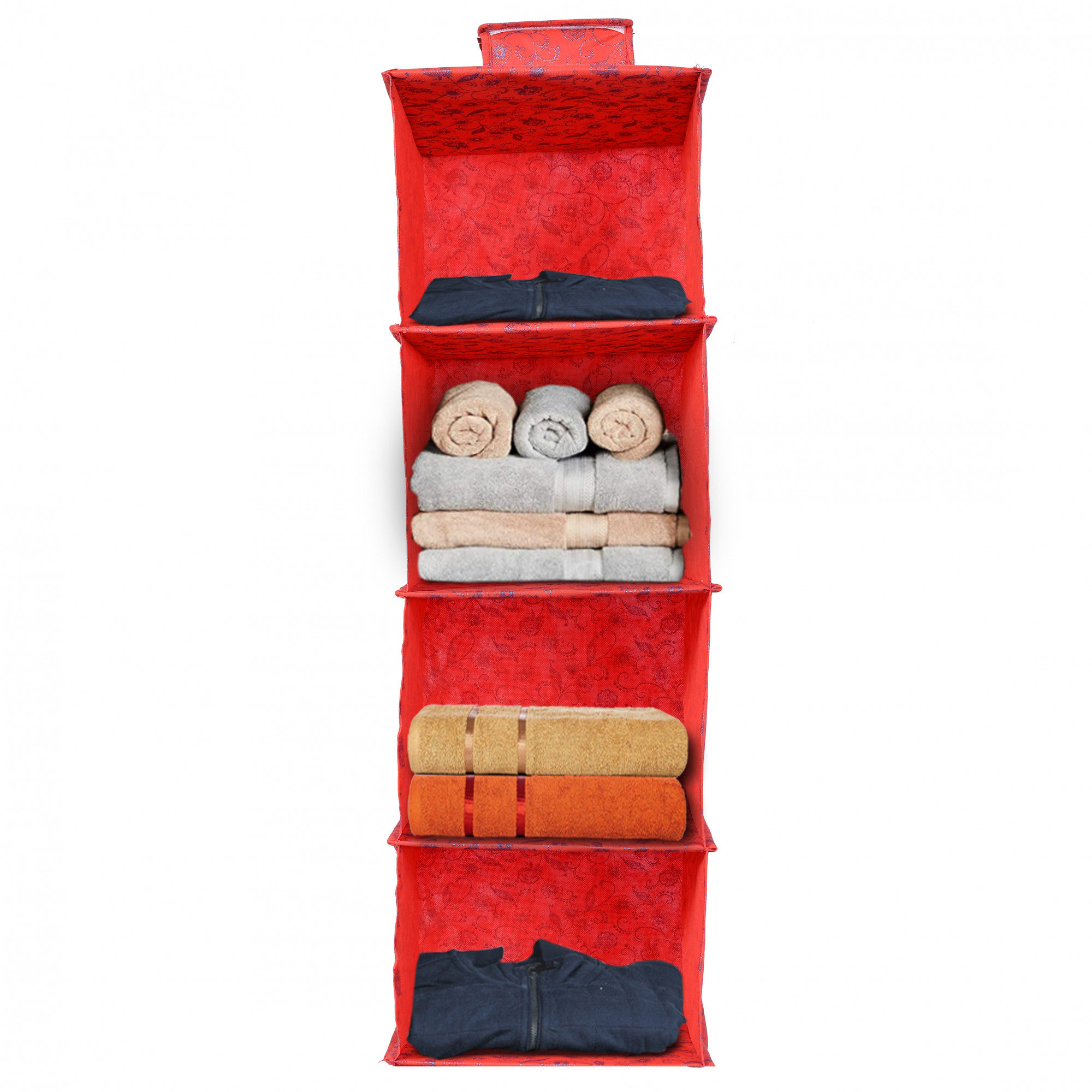 Kuber Industries Metalic Floral Print Non Woven Hanging 4 Shelves Foldable Wardrobe/Closet Cloth Organizer (Red)-KUBMART1164
