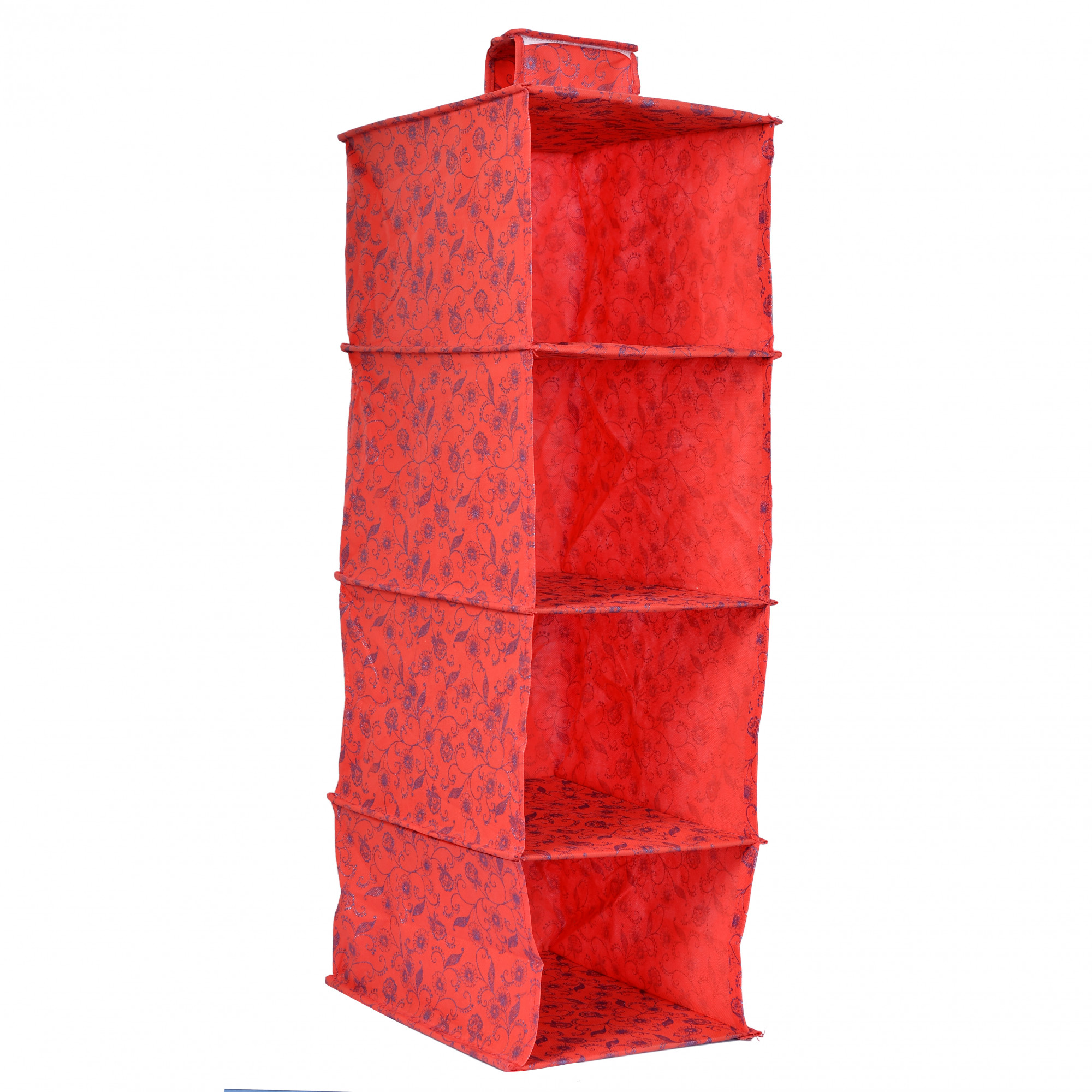 Kuber Industries Metalic Floral Print Non Woven Hanging 4 Shelves Foldable Wardrobe/Closet Cloth Organizer (Red)-KUBMART1164