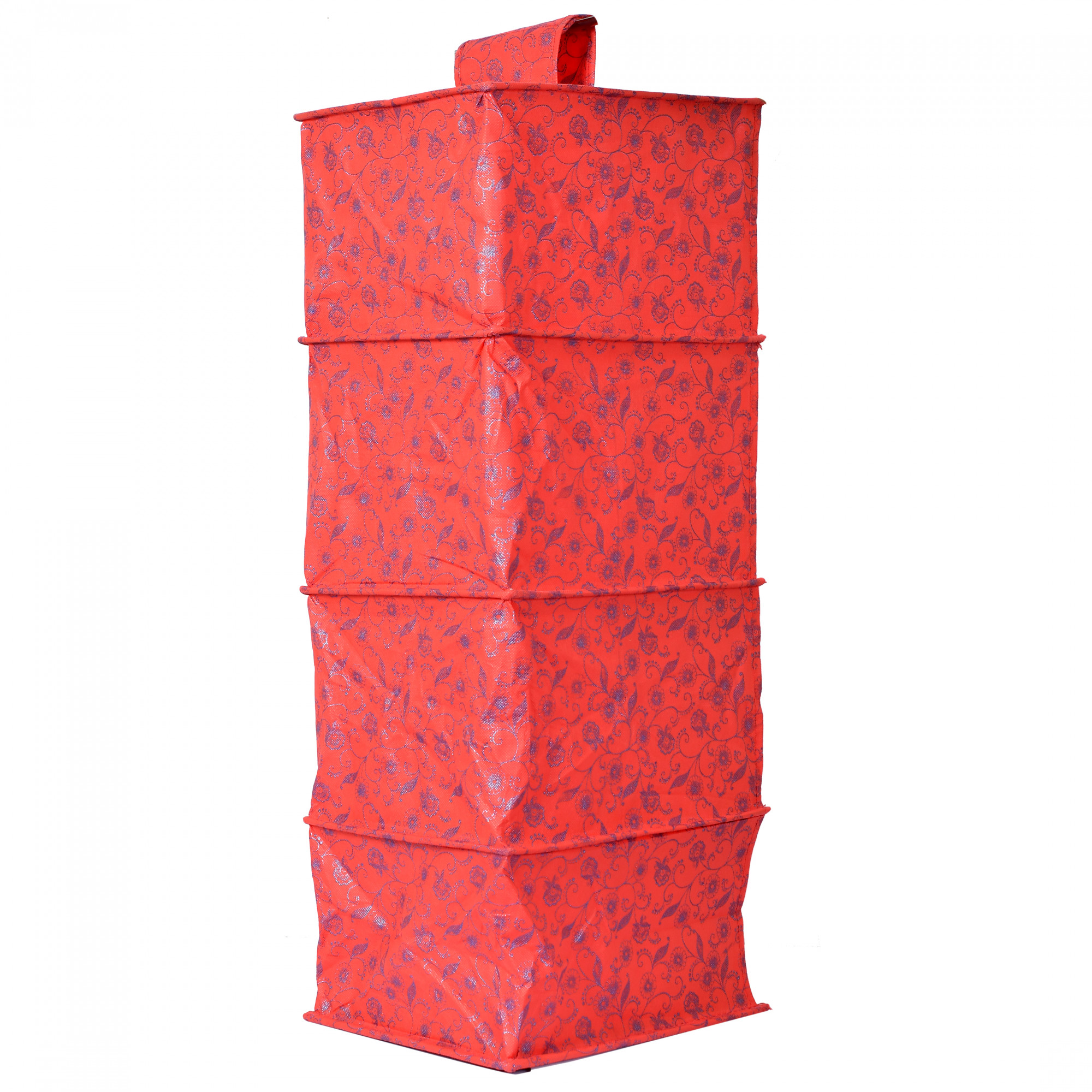 Kuber Industries Metalic Floral Print Non Woven Hanging 4 Shelves Foldable Wardrobe/Closet Cloth Organizer (Red)-KUBMART1164